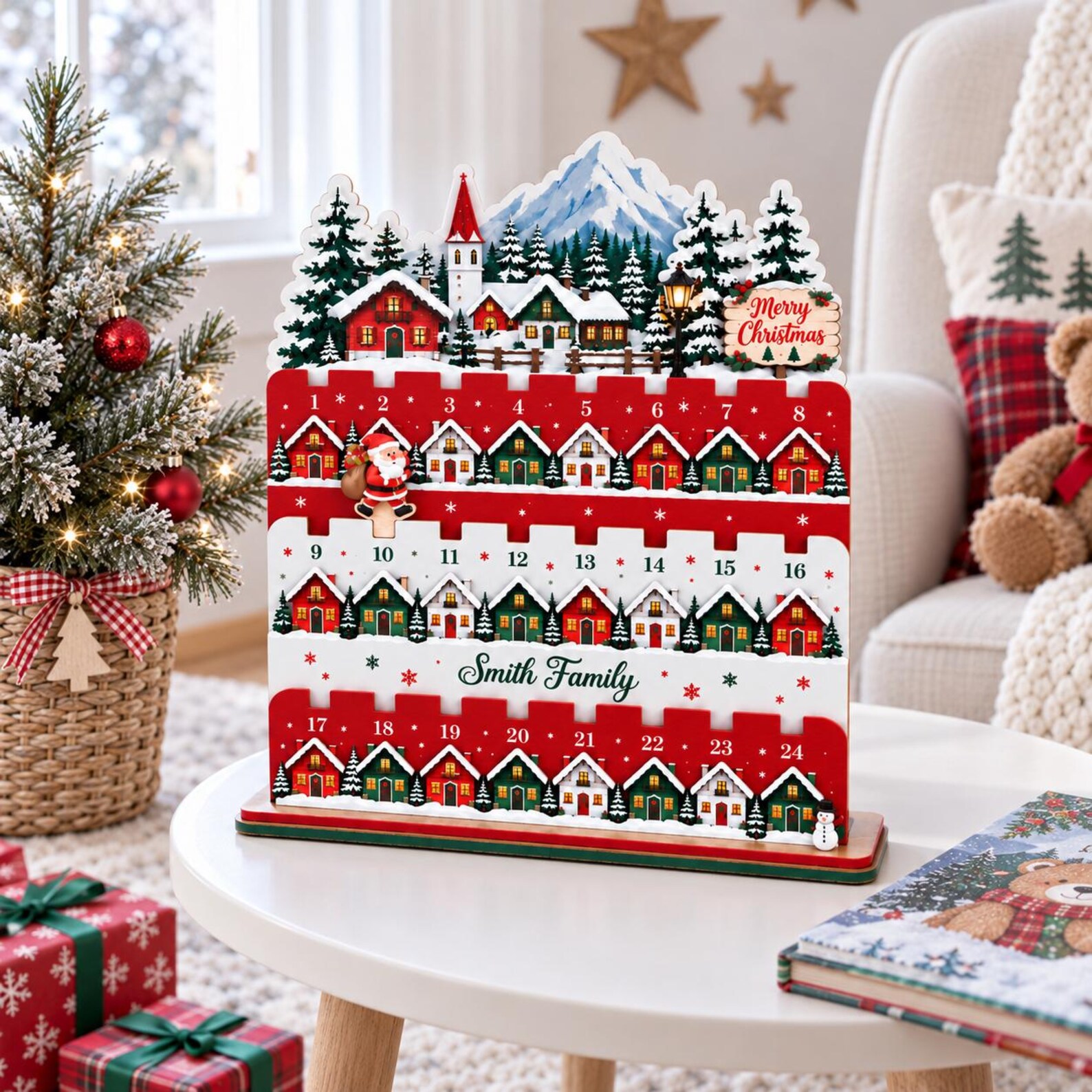 Personalized Christmas Countdown Calendar Wooden Stand, 24-Day Family Advent Calendar