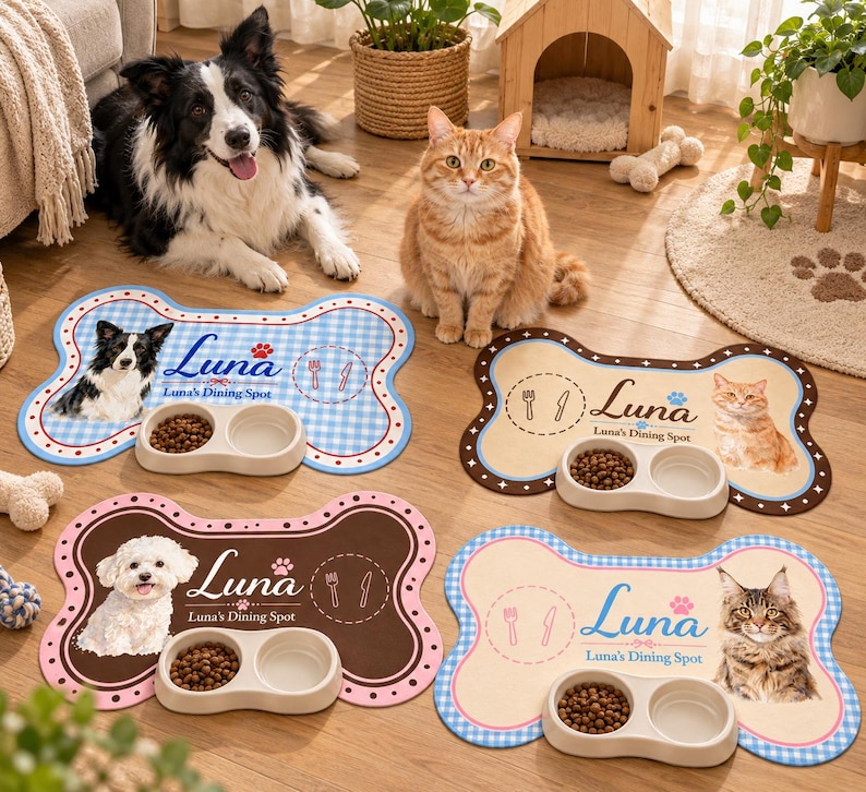 Personalized Pet Feeding Mat, Custom Pet Photo & Name Bone Shaped Dog Cat Bowl Mat, Cute Home Dining Decor, Gift for Pet Lovers