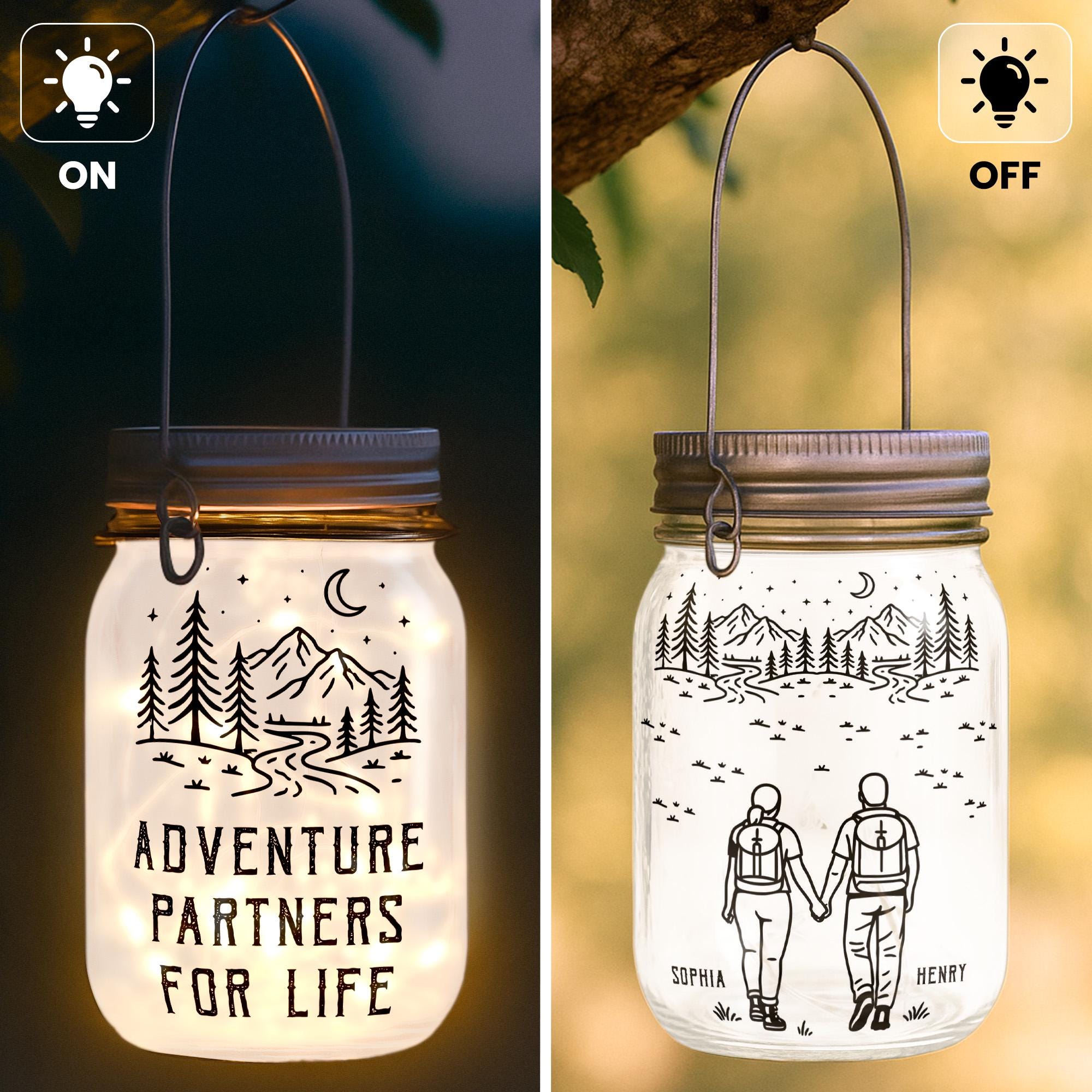 Personalized Adventure Partners For Life Solar Mason Jar Light, Custom Camping Couple Night Light Jar, Hiking Couple Keepsake, Couple Gift