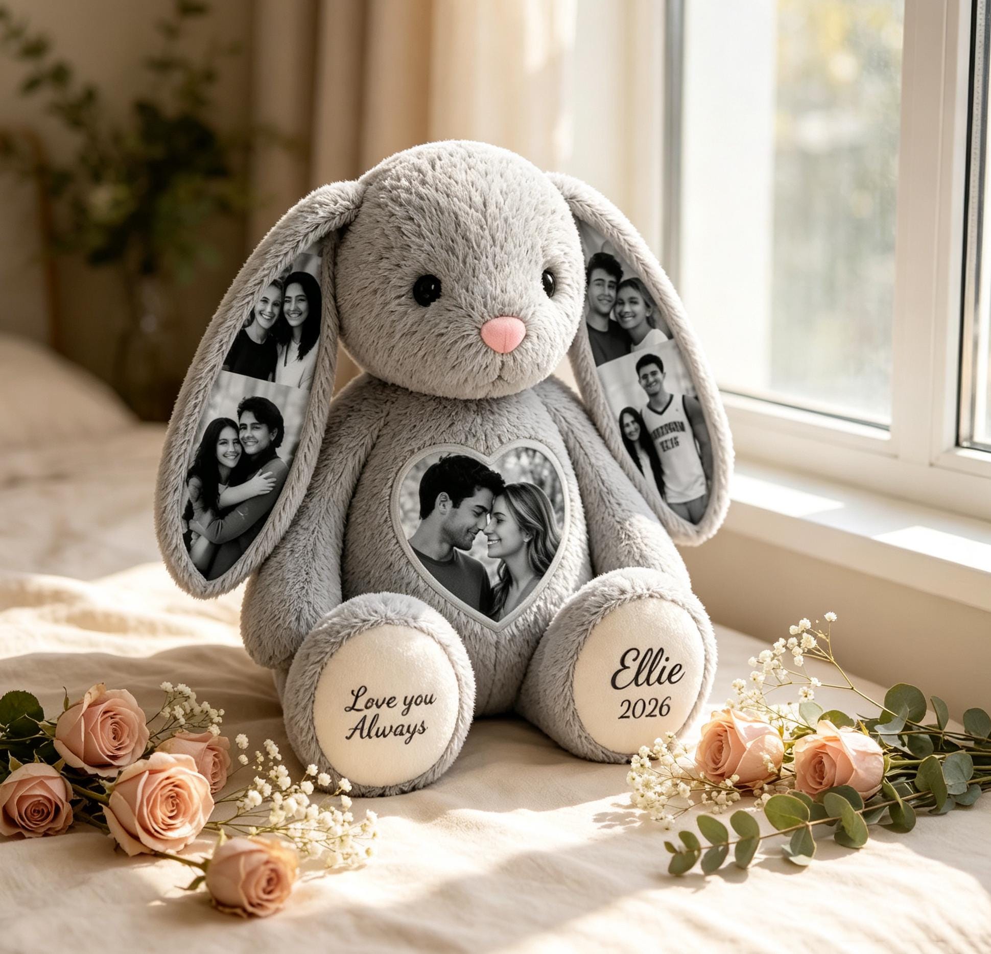 Personalized Photo Bunny Plush  Custom Hidden Ear Stuffed Animal Memory Keepsake Rabbit Gift for Couples Bestie