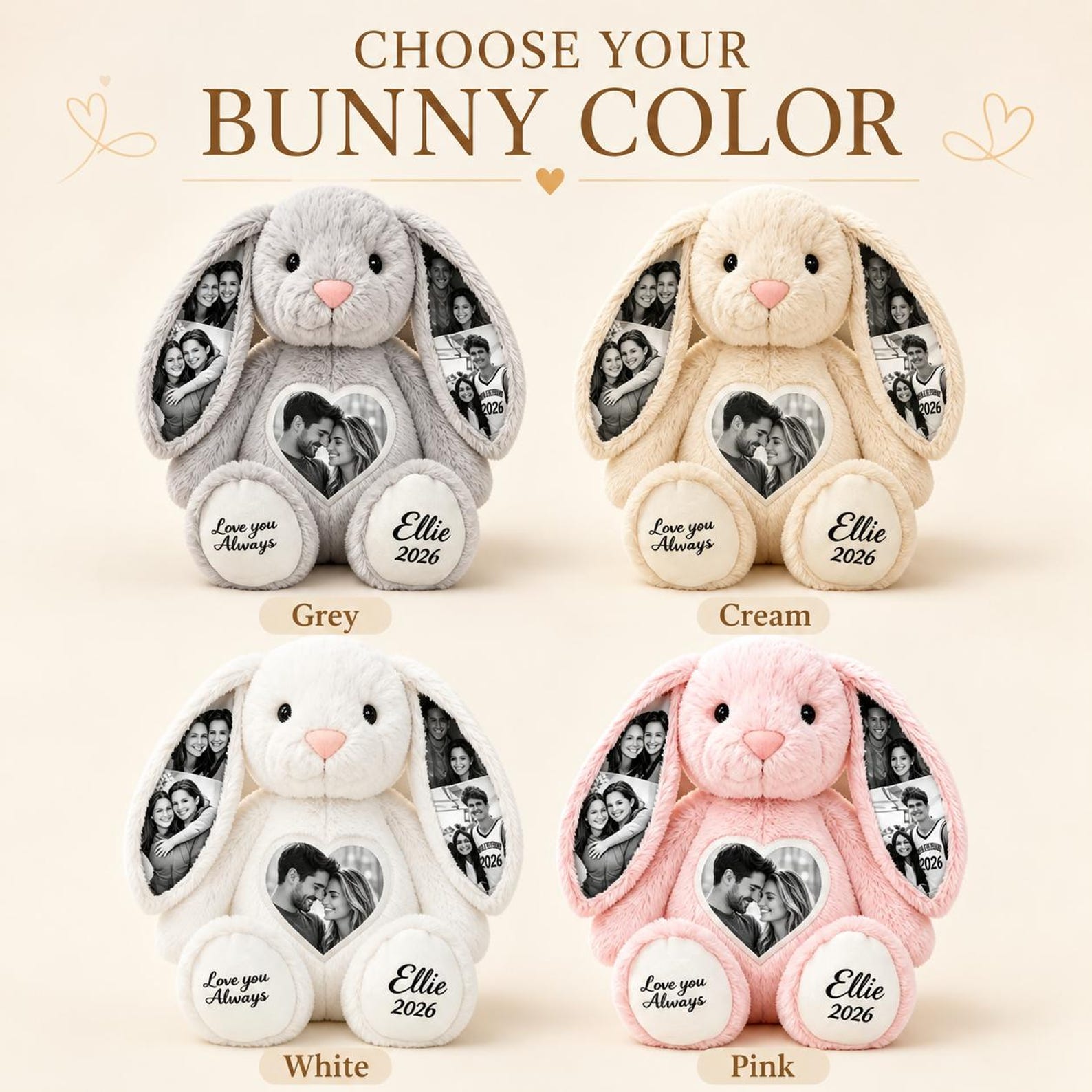 Personalized Photo Bunny Plush  Custom Hidden Ear Stuffed Animal Memory Keepsake Rabbit Gift for Couples Bestie