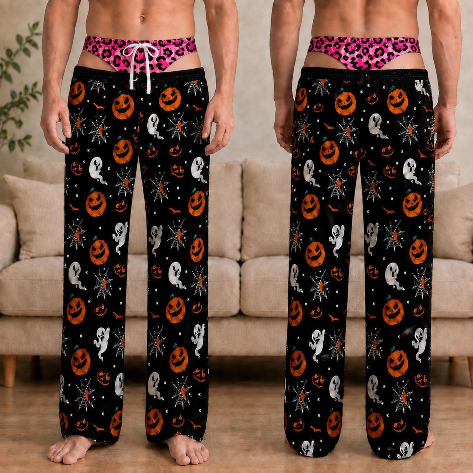 Personalized Men's Pajama Pants, Funny Pajama Pants, Fake Underwear Print Halloween Pants, Novelty Halloween Gag Gift, Party Outfit for Him