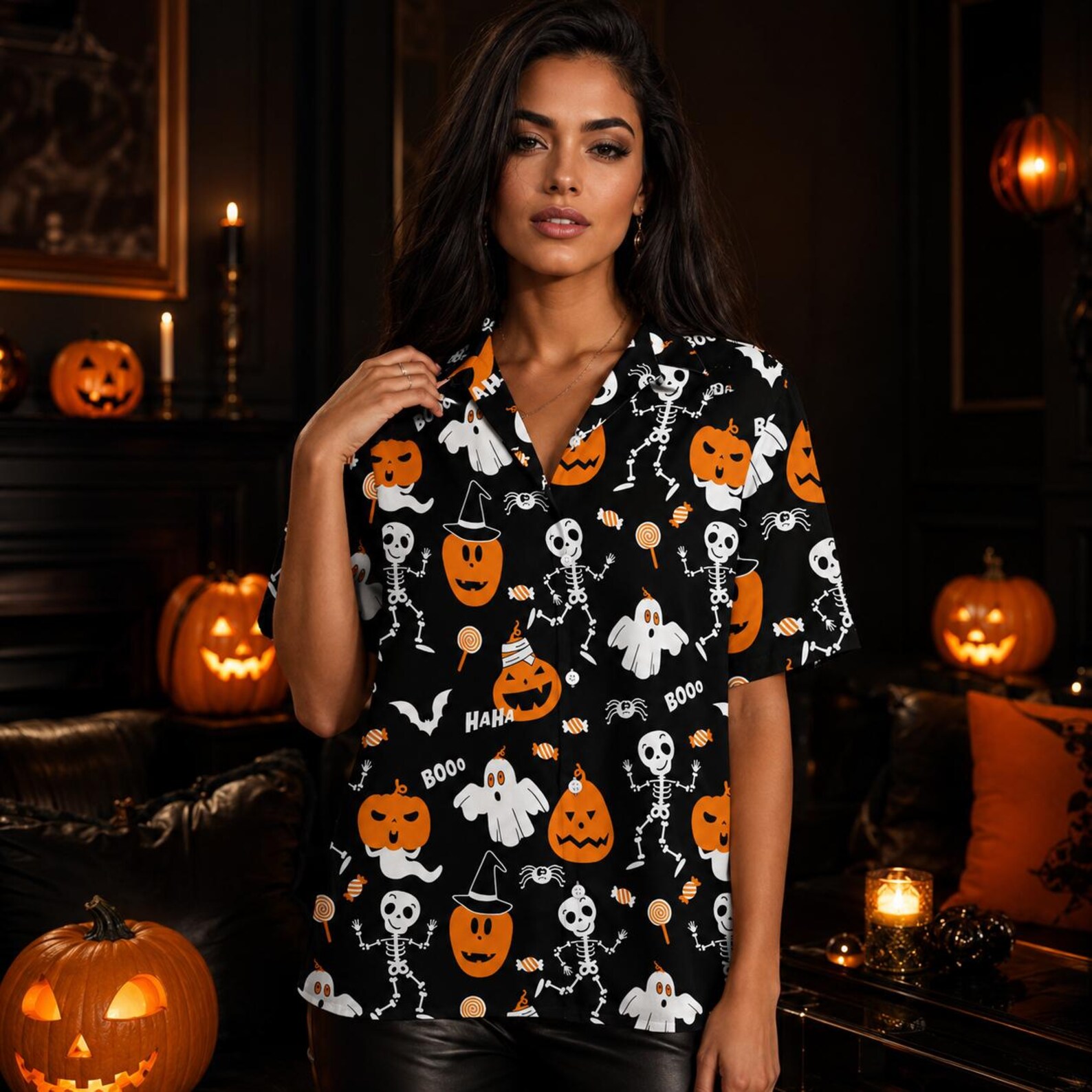 Personalized Face Halloween Hawaiian Shirt, Personalized Skeleton Shirt with Photo, Spooky Ghost Pumpkin Bat Button Down, Funny Halloween Gift