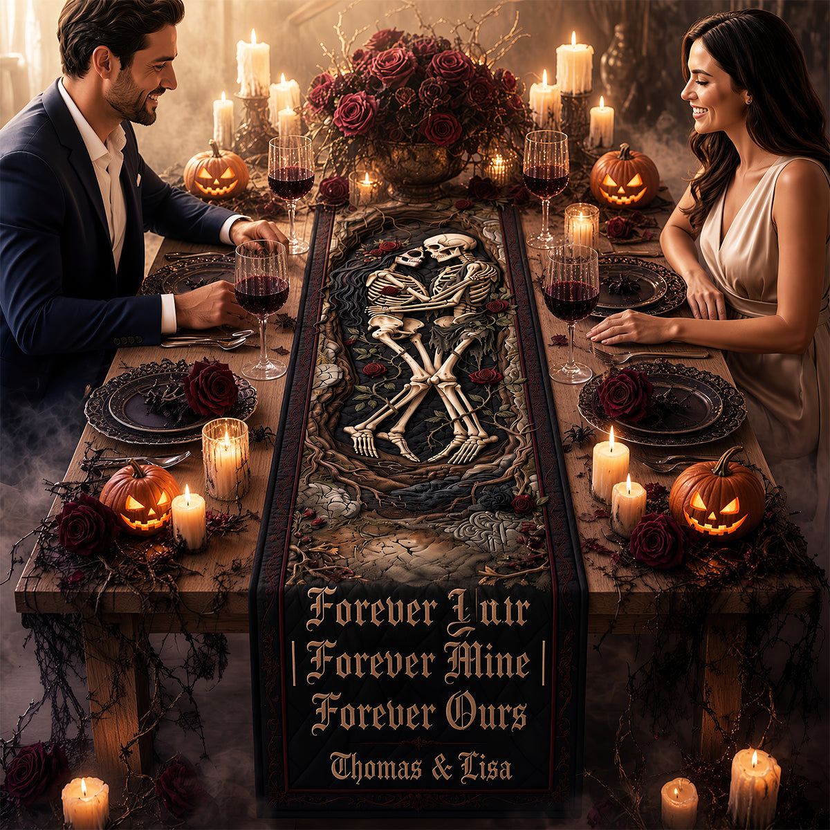 Eternal Love Skeleton Couple Quilted Table Runner - Personalized Gifts For Couples 