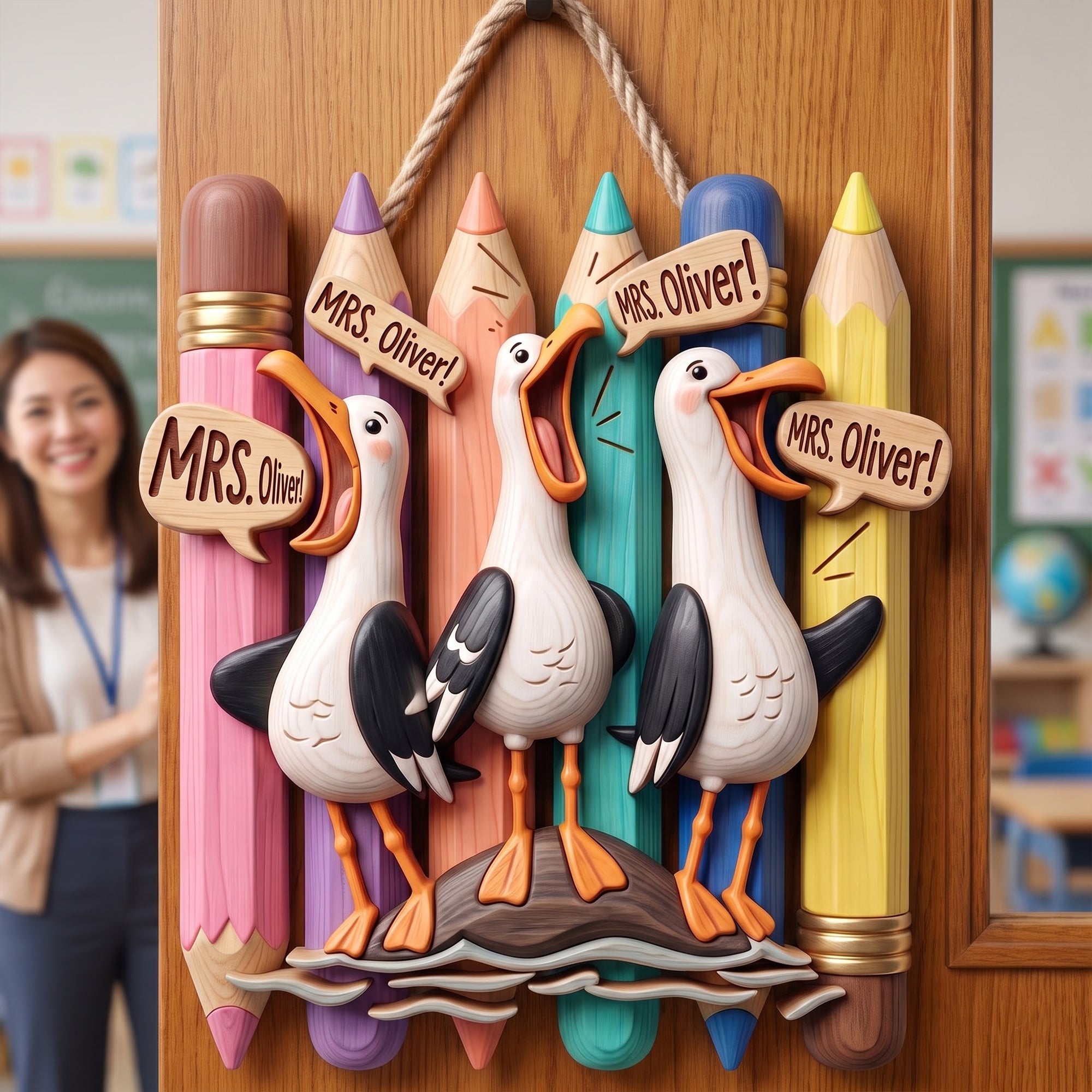 Personalized Cute Beachy Seagull Wood Sign - Personalized Gift For Teachers
