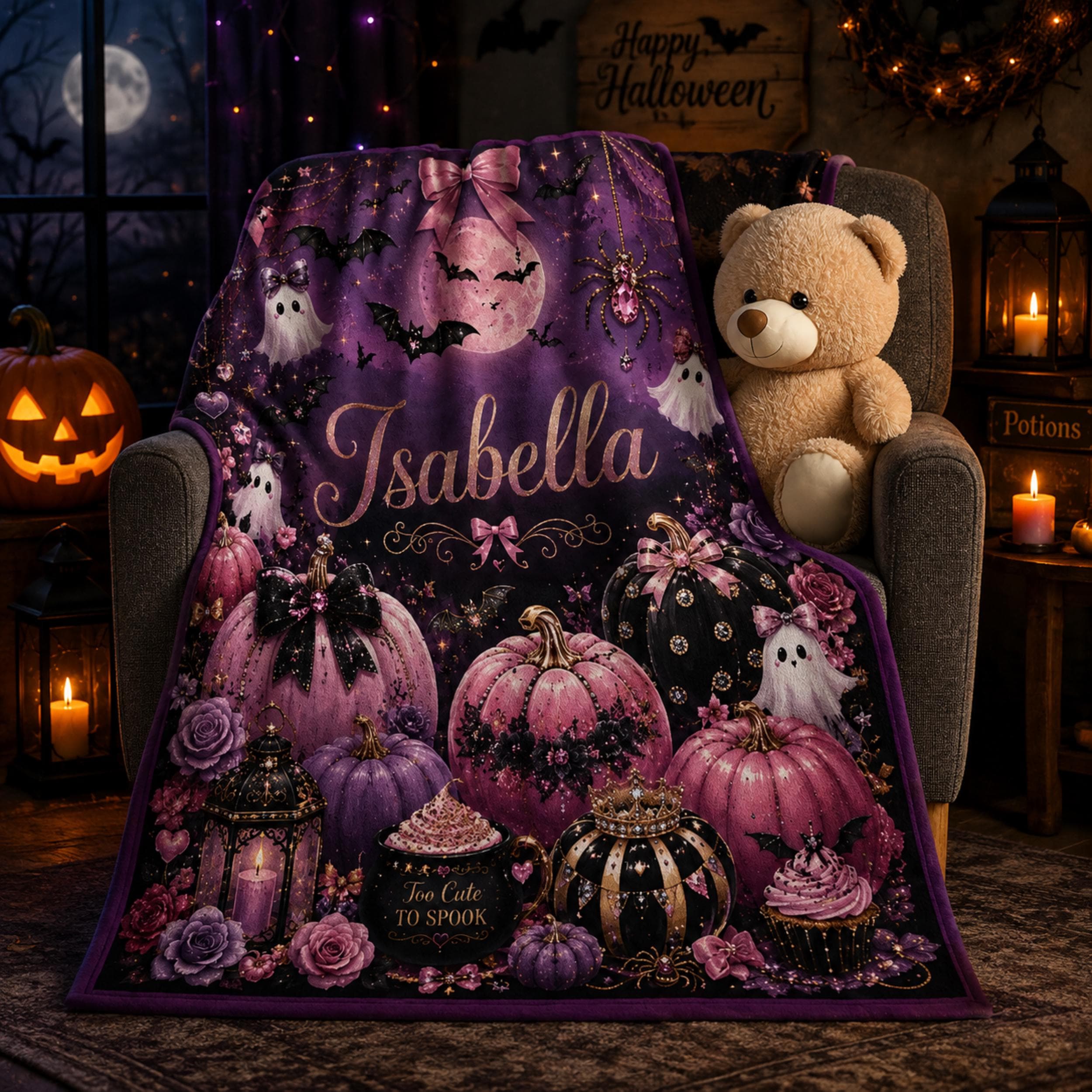 Personalized Halloween Blanket, Personalized Pink Custom Name Plush Throw, Girly Spooky Blanket, Cute Ghost Pumpkin Halloween Gift
