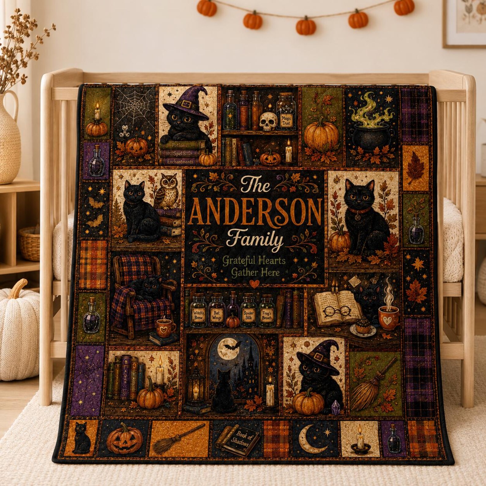 Personalized Halloween Quilt Blanket, Custom Family Name Black Cat Witch Throw, Pumpkin Gothic Patchwork, Spooky Autumn Gift