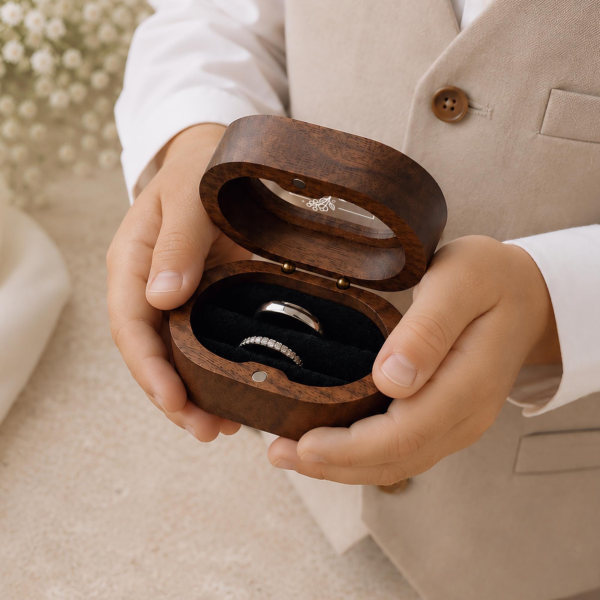 Personalised Walnut Wedding Ring Box, Oval Ring Bearer Box, Engagement Box, Proposal Ring Holder Keepsake