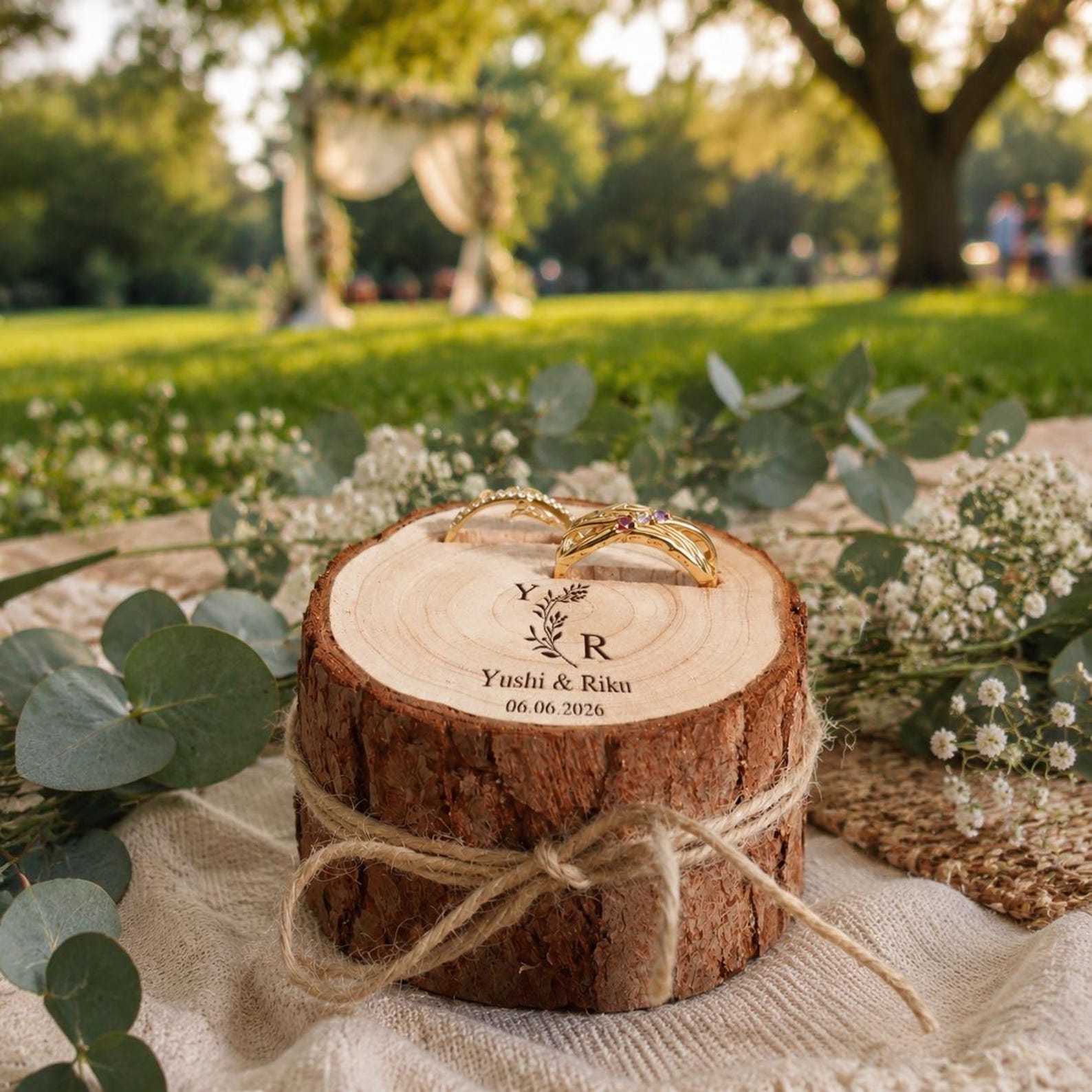 Personalised Tree Stump Ring Box, Rustic Wedding Engagement Holder, Personalized Wooden Proposal Box,Golden Silver Wedding Anniversary Tree Trunk