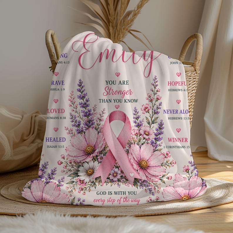 Personalized Cancer Warrior Blanket, Breast Cancer Gift for Women, Chemo Blanket, Christian Cancer Blanket, Pink Ribbon Minky Sherpa Plush