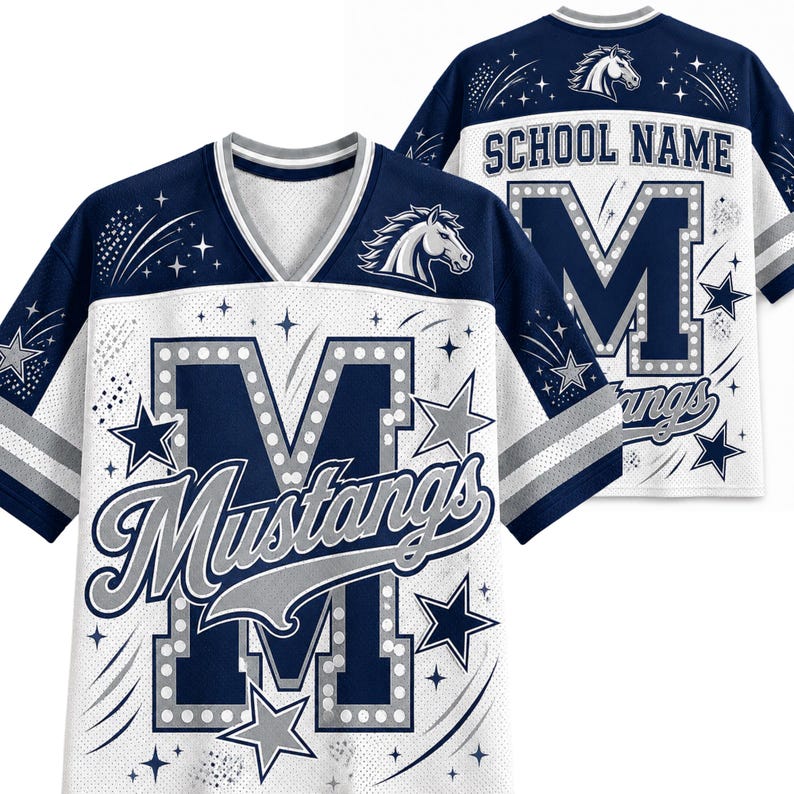 Personalized School Spirit Football Jersey, Custom Sparkle Glitter Letter Mascot V-Neck Shirt, Cute Game Day Friday Night Lights Apparel
