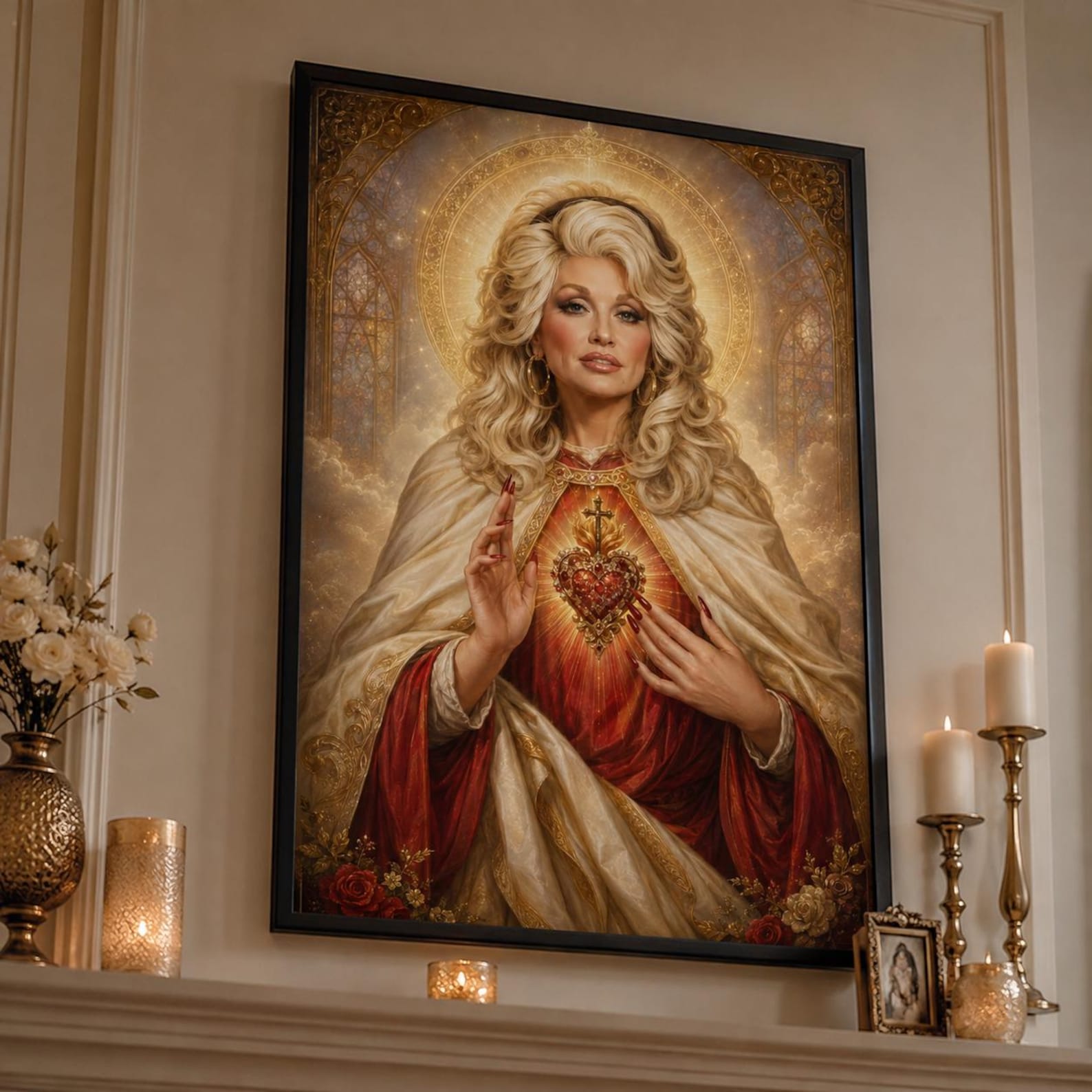 Personalized Dolly  Photo Framed Parton Saint Icon Canvas | Sacred Heart Wall Art | Country Music Legend Decor | Holy Mother Aesthetic Print | Ready to Hang