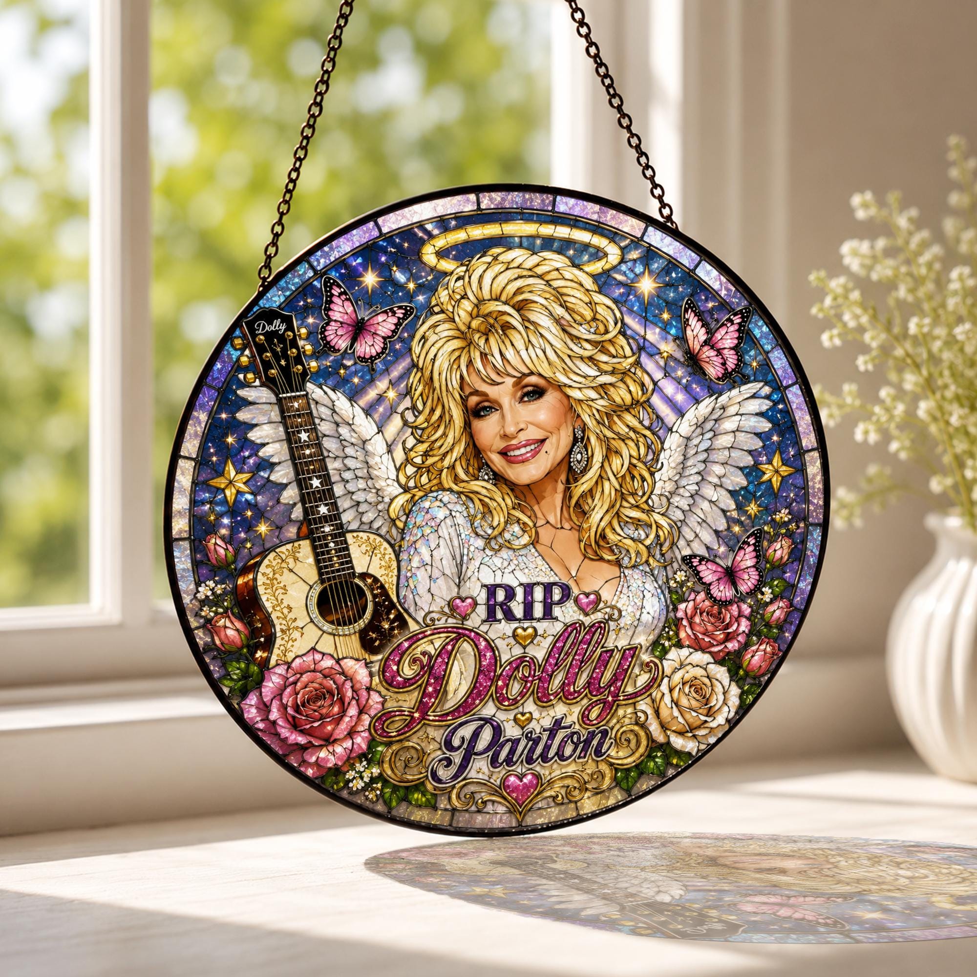 Memorial Dolly Parton 1946-2026 Stained Glass Suncatcher, In a World Full of Jolenes Be a Dolly, Country Music Tribute Window Decor