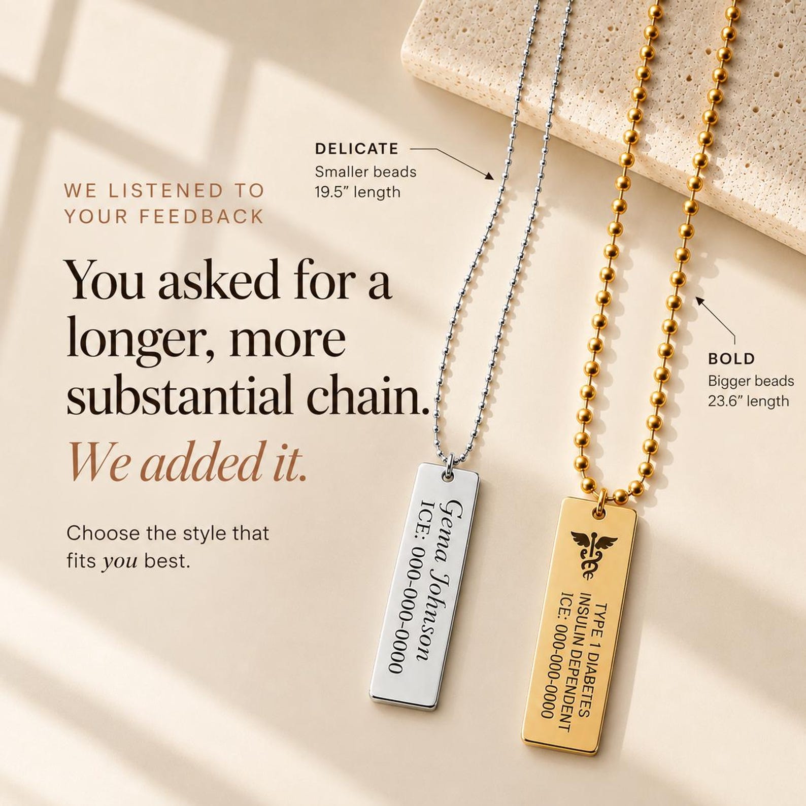 Personalized Type 1 Diabetes Medical ID Bar Necklace, Stainless Steel Engraved Alert Jewelry