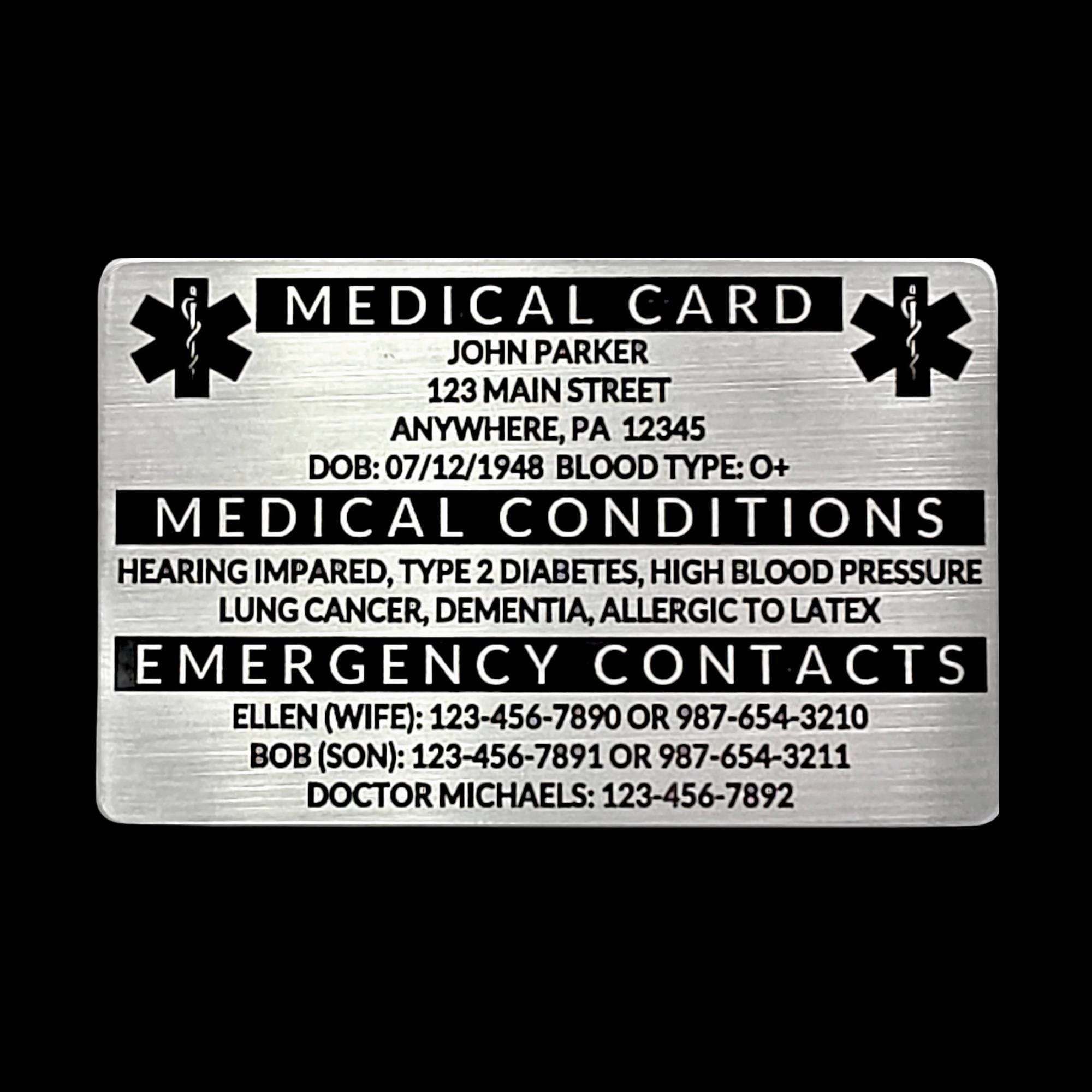 Personalized Medical ID Card, Personalized Medical Alert Emergency Wallet Card, Laser Engraved on Blue or Red Anodized Aluminum