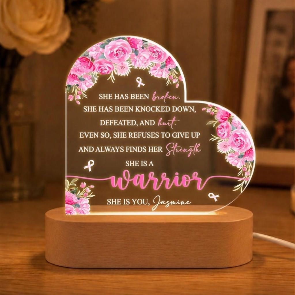 Personalized Warrior Cancer Survivor Custom Pink Ribbon Acrylic Lamp, Strength Keepsake, Encouragement, Breast Cancer Awareness Gift, Survivor Keepsake