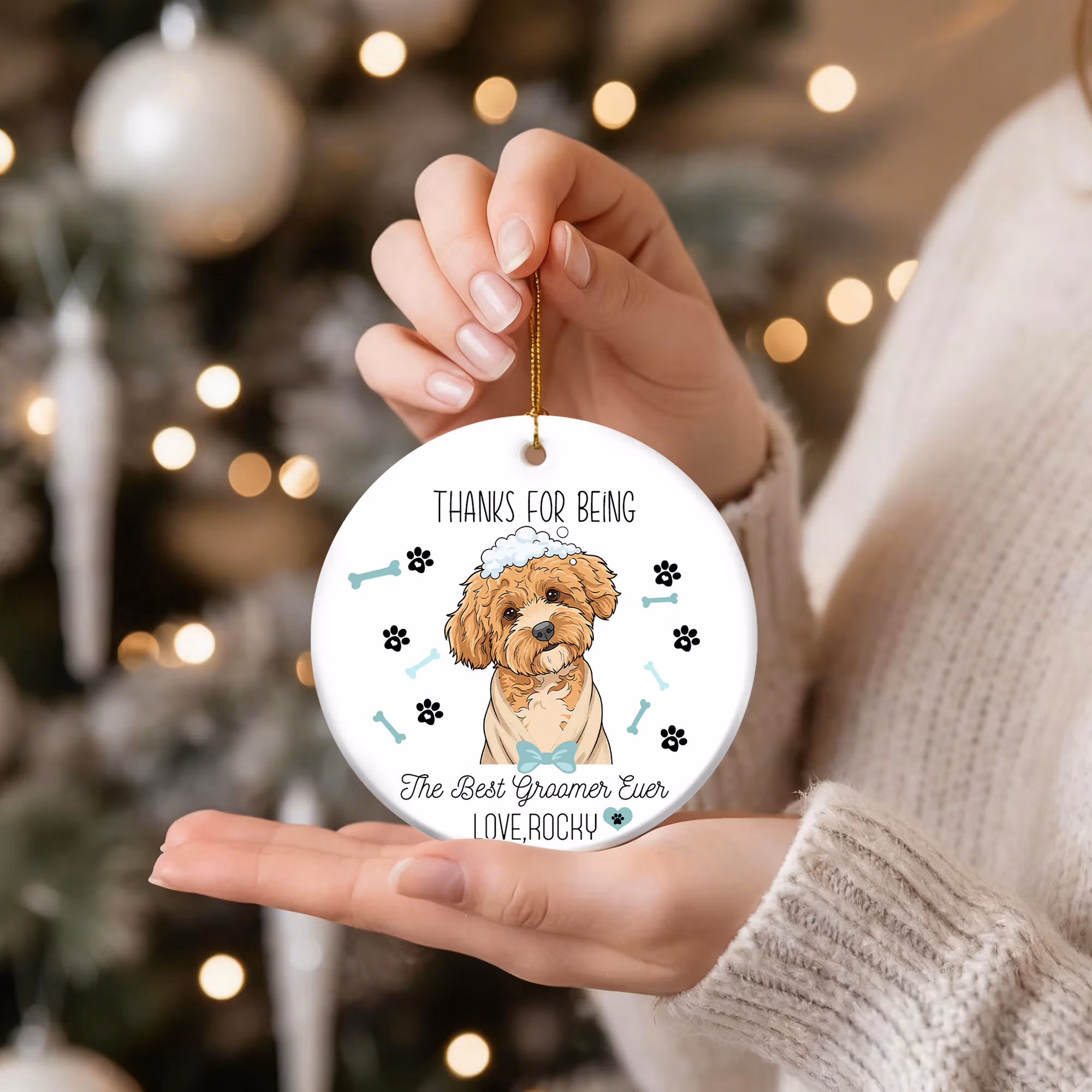 Personalized Dog Bone Paw Cartoon Pet Photo Round Ceramic Ornament with Name Birthday Home Decor Gift for Pet Groomer