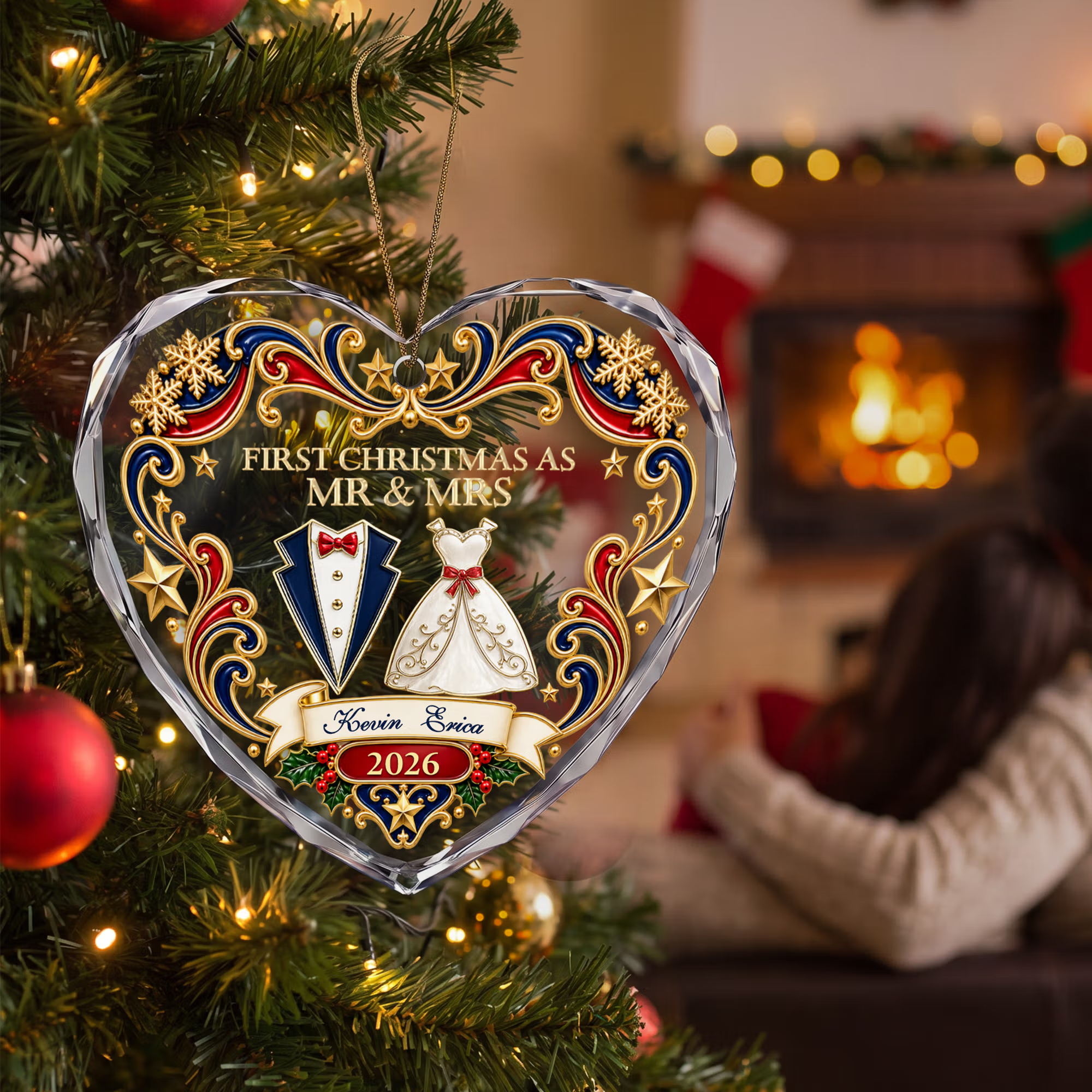 Personalized First Christmas Wedding Gown Suit Design Heart-Shaped Ornament with Name and Year Tree Decor Christmas Gift for Newlyweds Couple