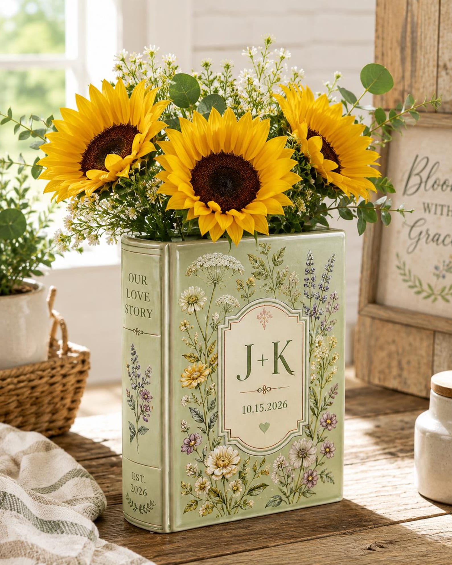Personalized Floral Book Shaped Vase Personalized Couple Initials Vase Wedding Centerpiece Gift, Anniversary Keepsake Decor