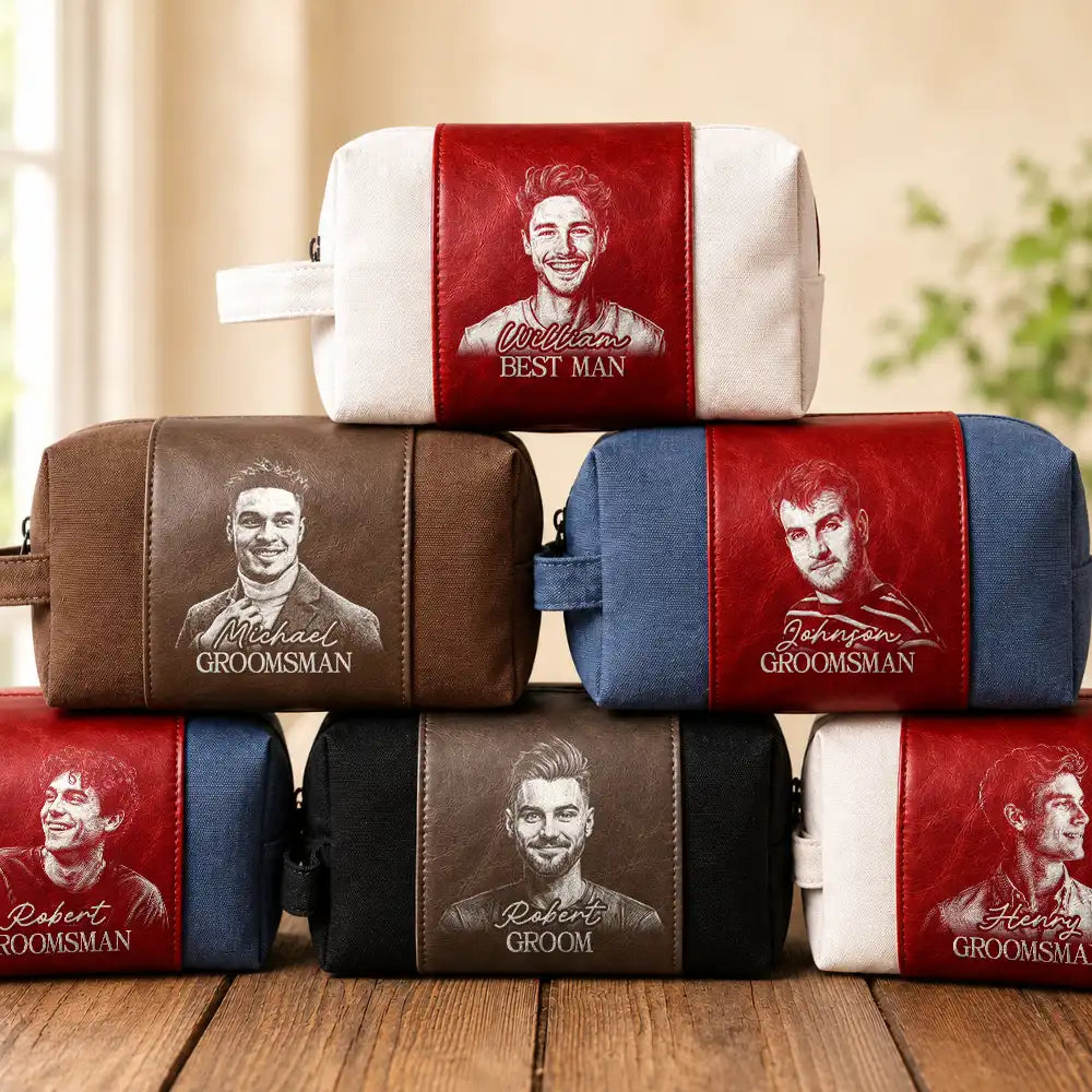 Personalized Photo White Pencil Sketch Groomsmen Wedding, Bachelor Travel Favor - Personalized Leather Canvas Toiletry Bag