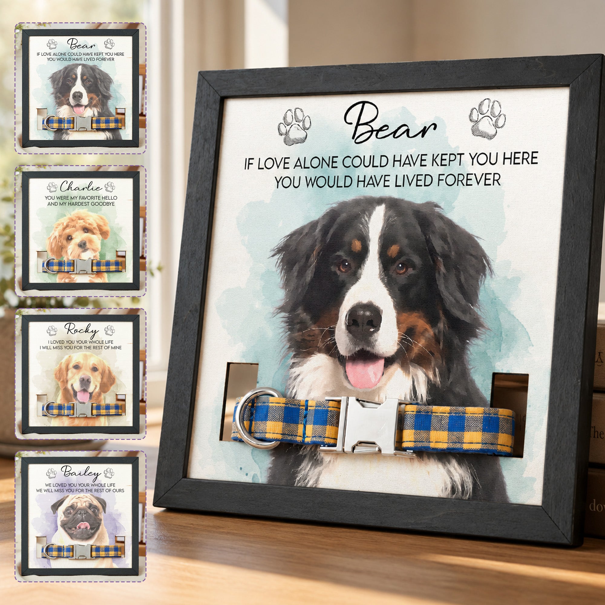 Personalized Pet Collar Frame Keepsake Custom Pet Portrait Watecolor Art - Personalized Frame