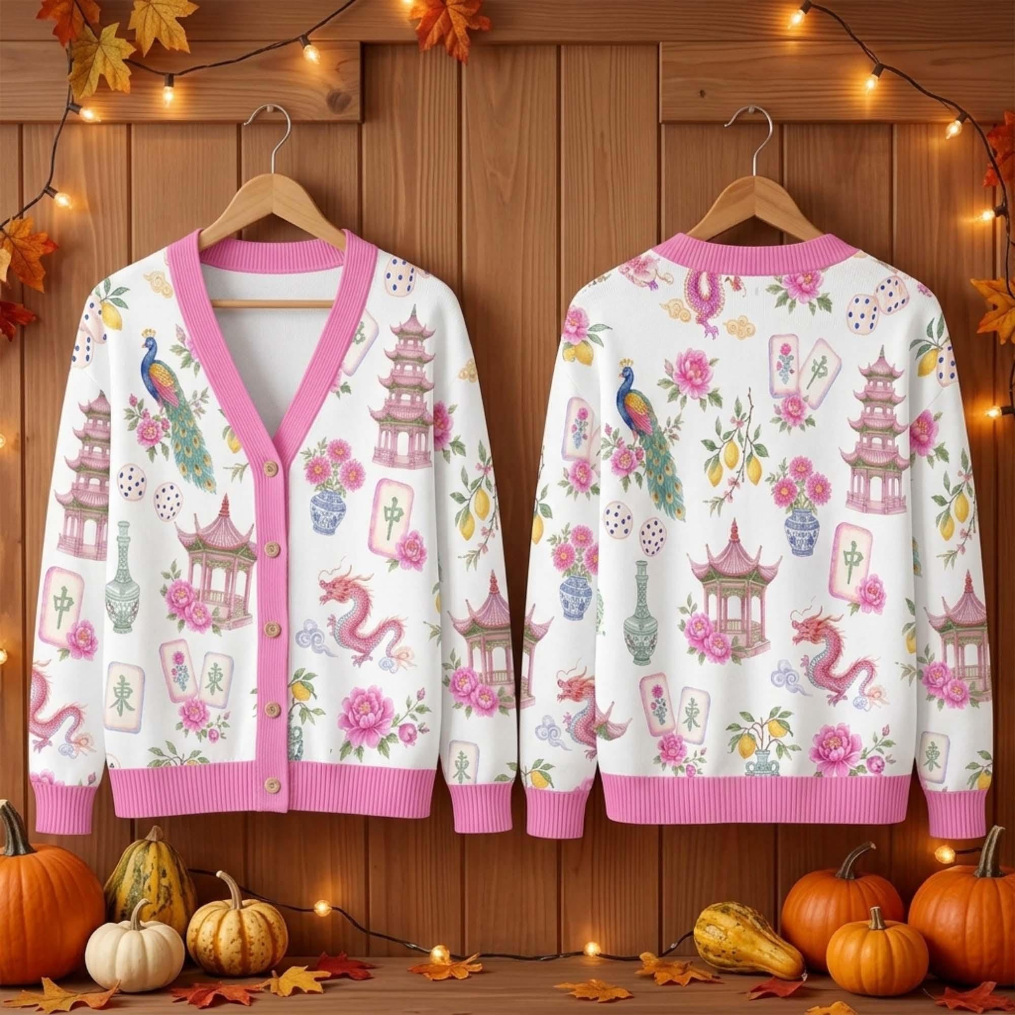 Mahjong Cardigan Sweater, Chinoiserie Floral Tile Print Knitwear, Retro Asian Aesthetic Outfit, Women Game Night Mahjong Lover Gift