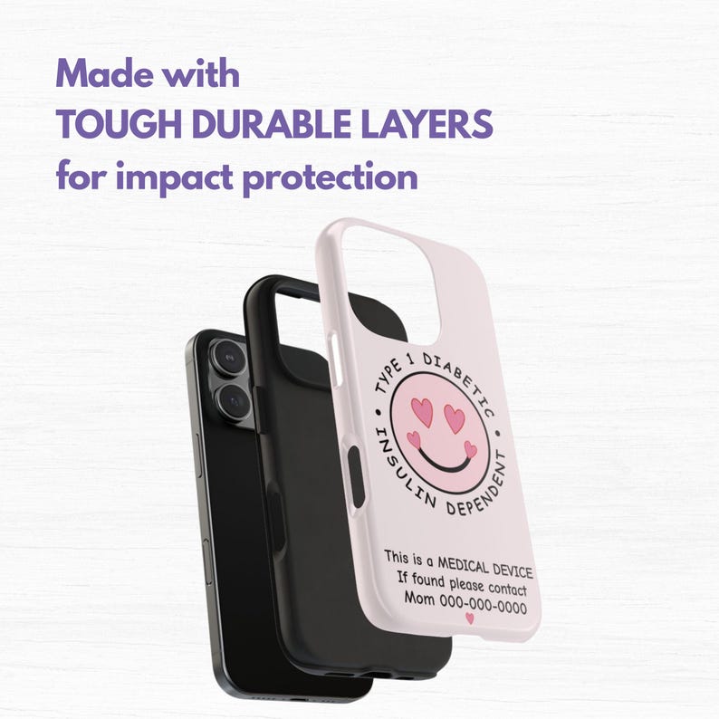 Personalized Smile Hearts Type 1 Diabetic Phone Case, Insulin Dependent Medical Alert, Medical Device