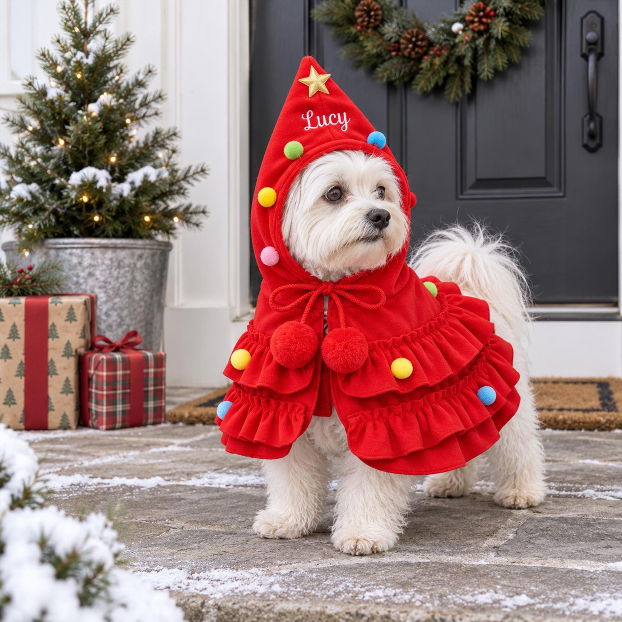 Personalized Christmas Tree Design Cat Small Dog Pet Cape with Embroidery Name Christmas Gift for Pet Owners Lovers