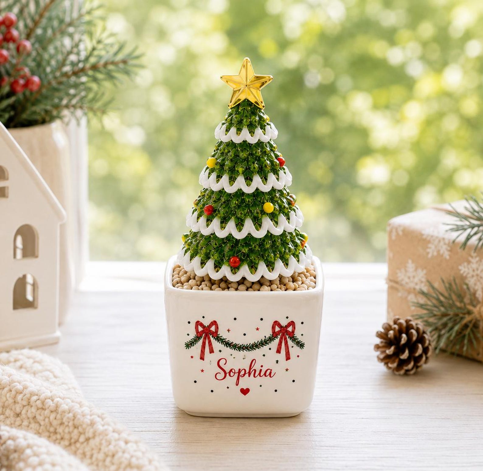 Personalized Glass Christmas Tree in Ceramic Pot, Custom Name Holiday Table Decor, Cute Mini Tree Figurine, Christmas 2026 Gift