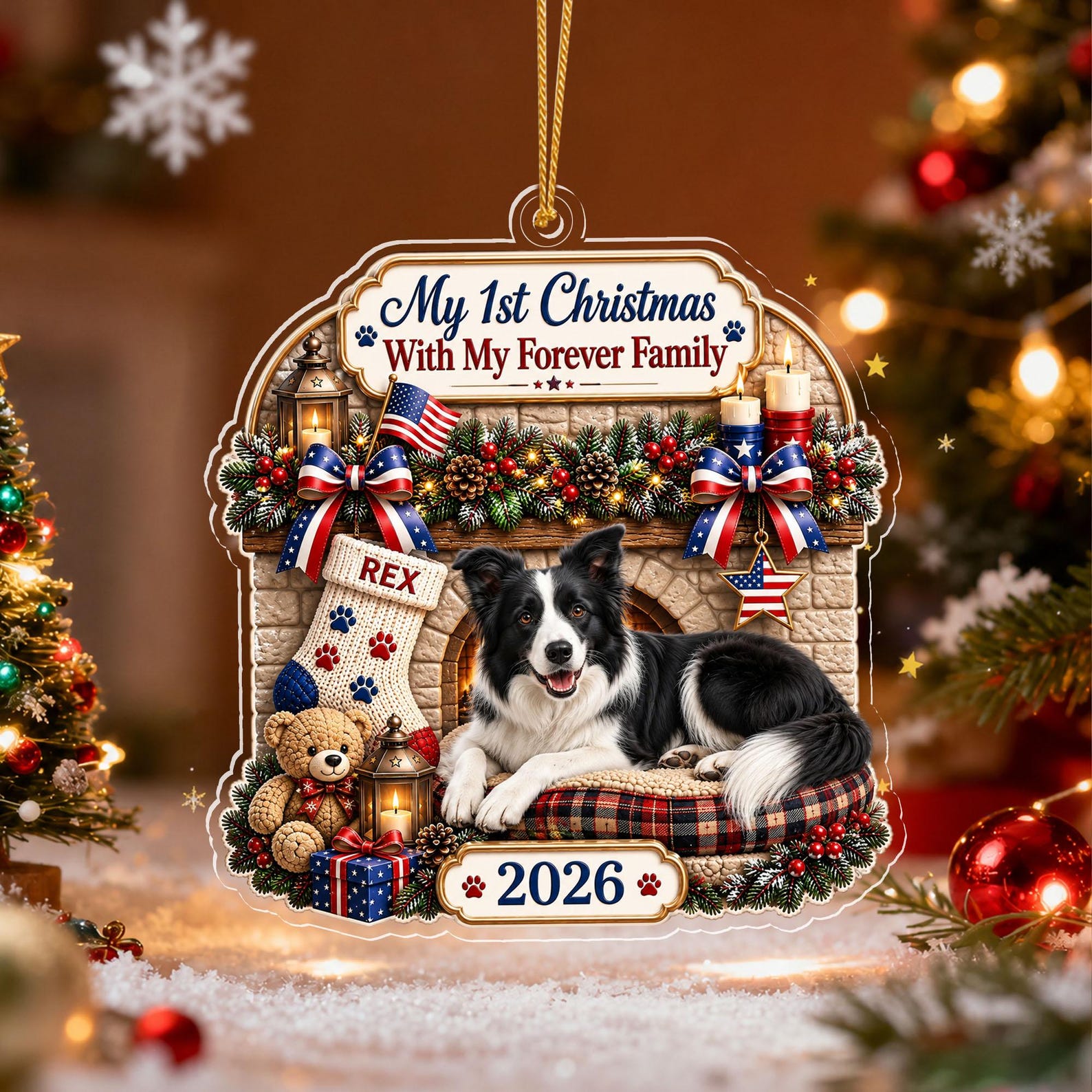 Personalized Pet Photo Ornament, Dog's My First Christmas With My Forever Family, Custom Dog Adoption Gift, Rescue Pet Keepsake, 2D Flat