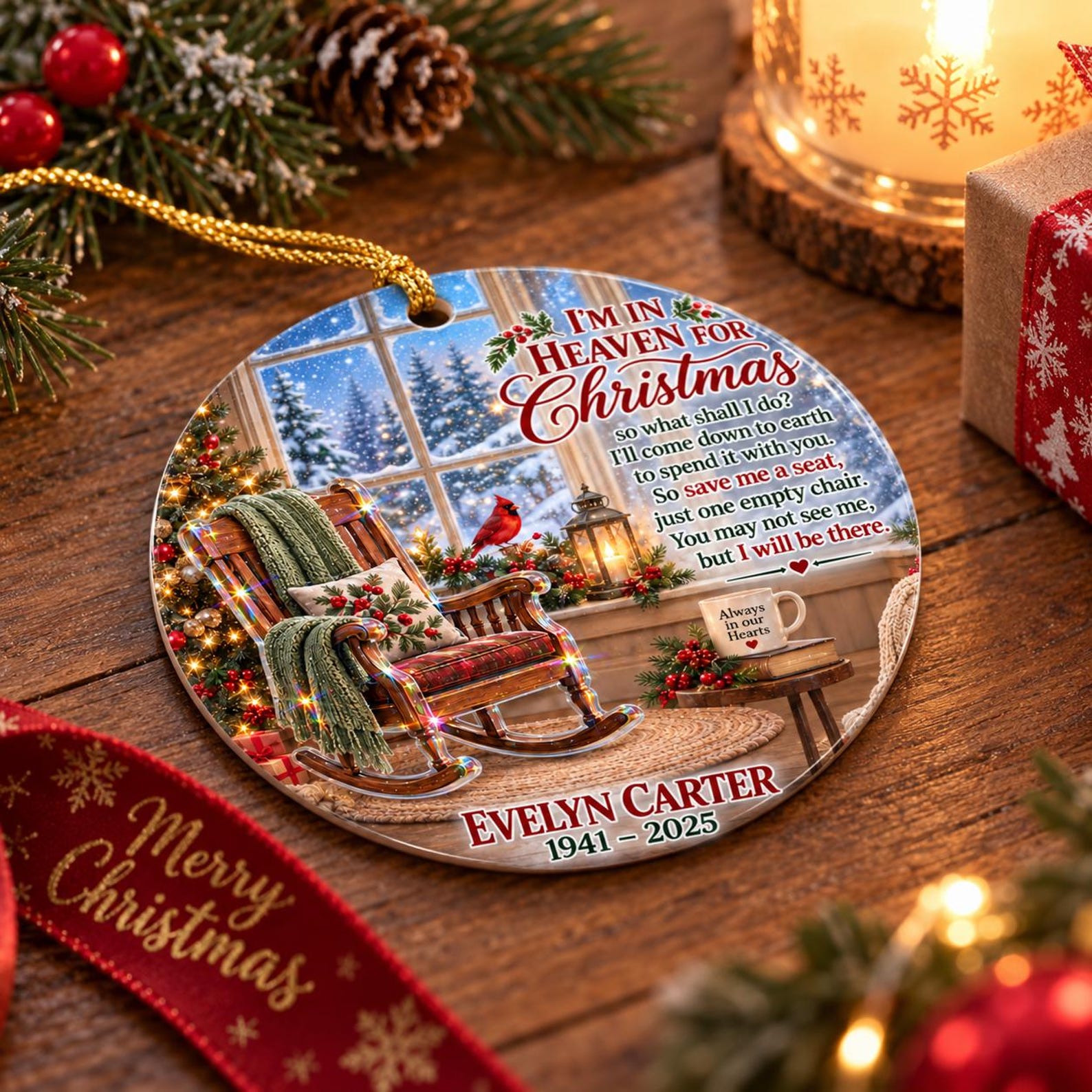 Personalized Photo Memorial Hologram Ornament, I'm In Heaven For Christmas Empty Chair, Sympathy Loss Glitter Gift 2026,Loss Of Loved One Gifts