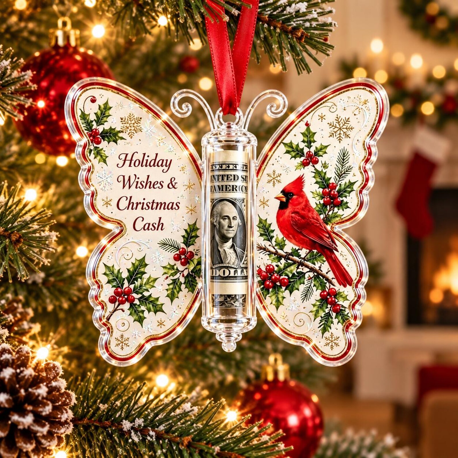Personalized Butterfly Christmas Cash Holder Ornament, Acrylic Money Gift Holder, Xmas Tree Hanging Decoration, Unique Holiday Gift