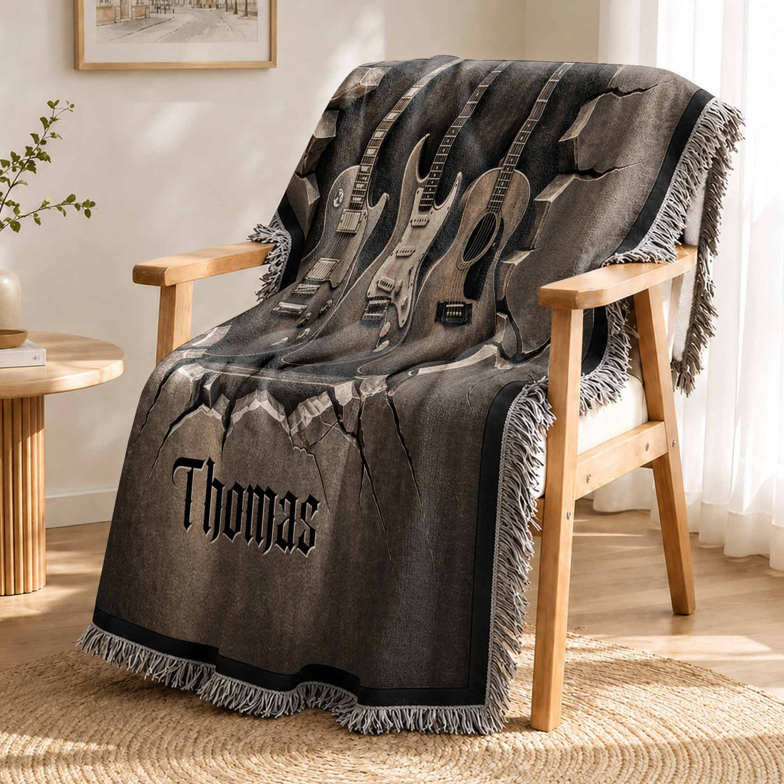 Personalized 3D Guitar Cracked Wall Personalized Woven Blanket, Gift for Musicians