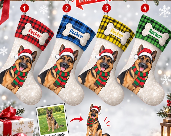 Personalized Christmas Bone Stocking, Custom Pet Photo Name Stocking with Checkered Plaid Pattern, Cute Holiday Decor Gift for Pet Lovers