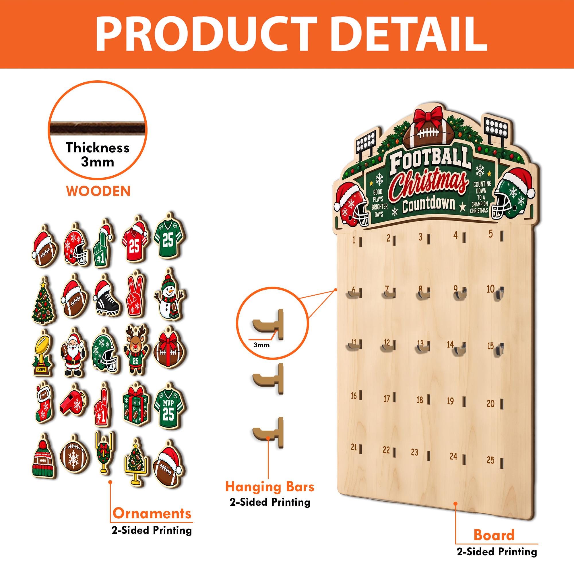 Wooden Football Christmas Advent Calendar, 25-Day Hanging Ornament Countdown