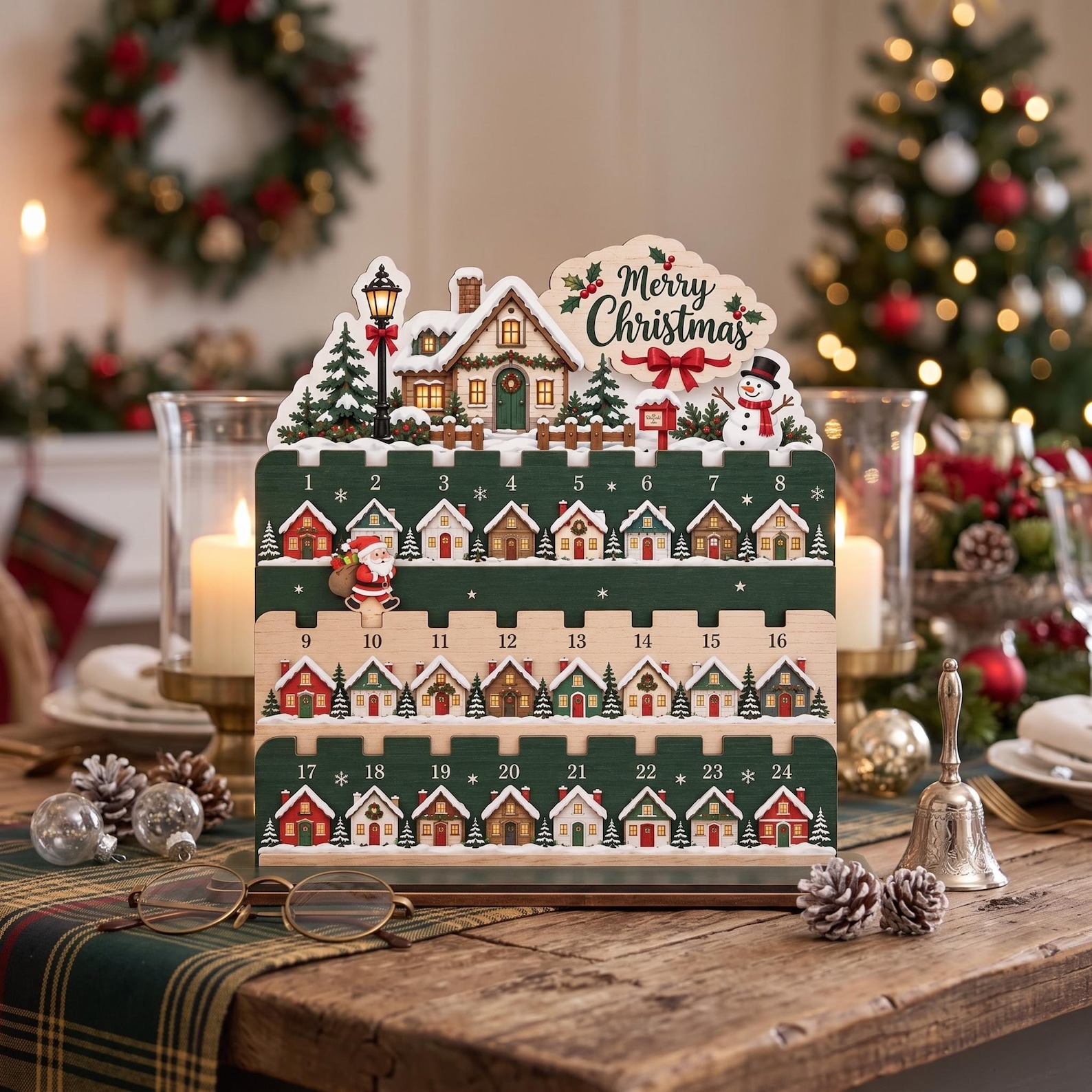 Christmas Countdown Calendar Wooden Stand, 24-Day Advent, Santa Village Decor