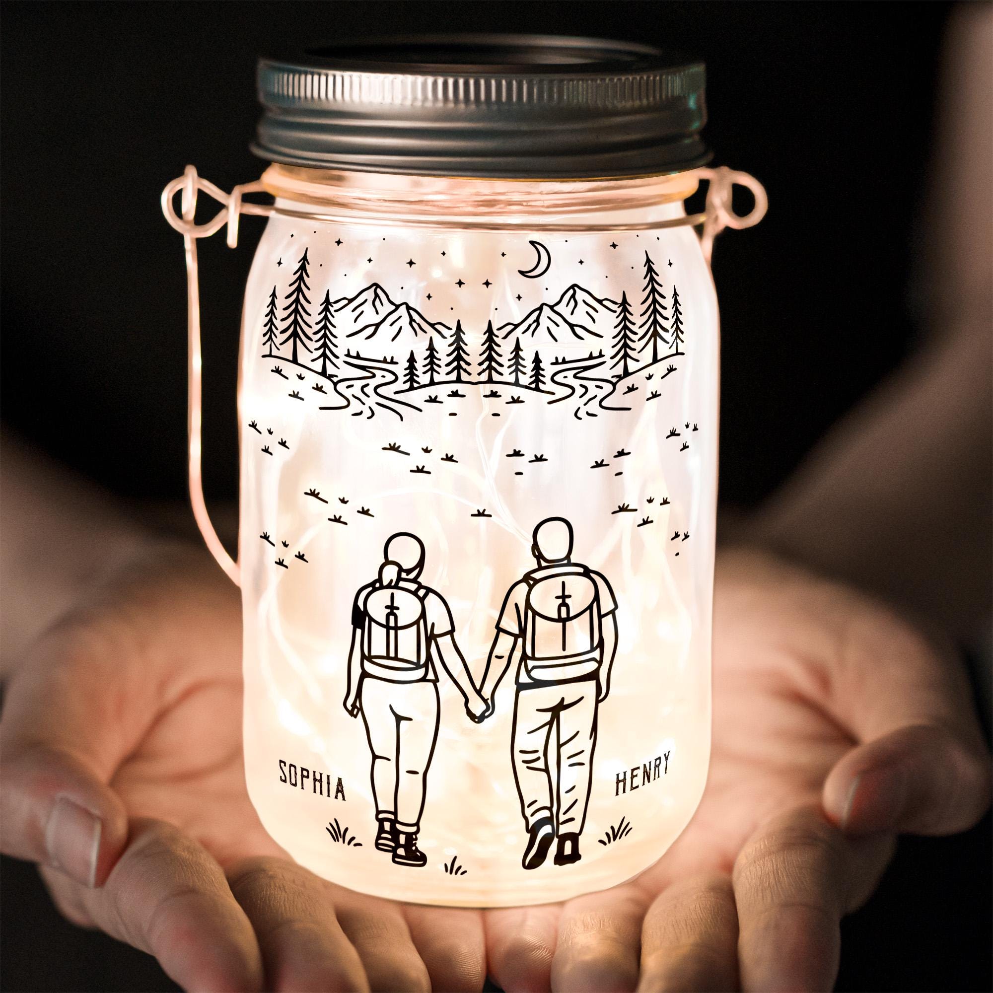Personalized Adventure Partners For Life Solar Mason Jar Light, Custom Camping Couple Night Light Jar, Hiking Couple Keepsake, Couple Gift