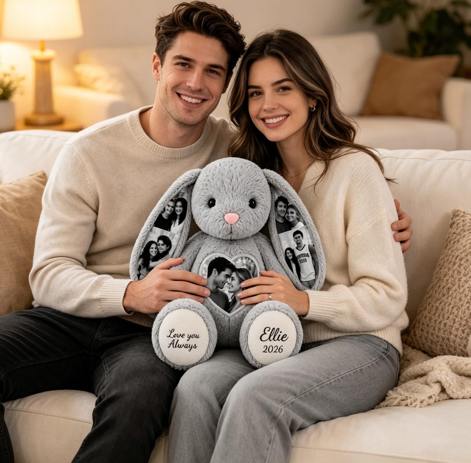 Personalized Photo Bunny Plush  Custom Hidden Ear Stuffed Animal Memory Keepsake Rabbit Gift for Couples Bestie