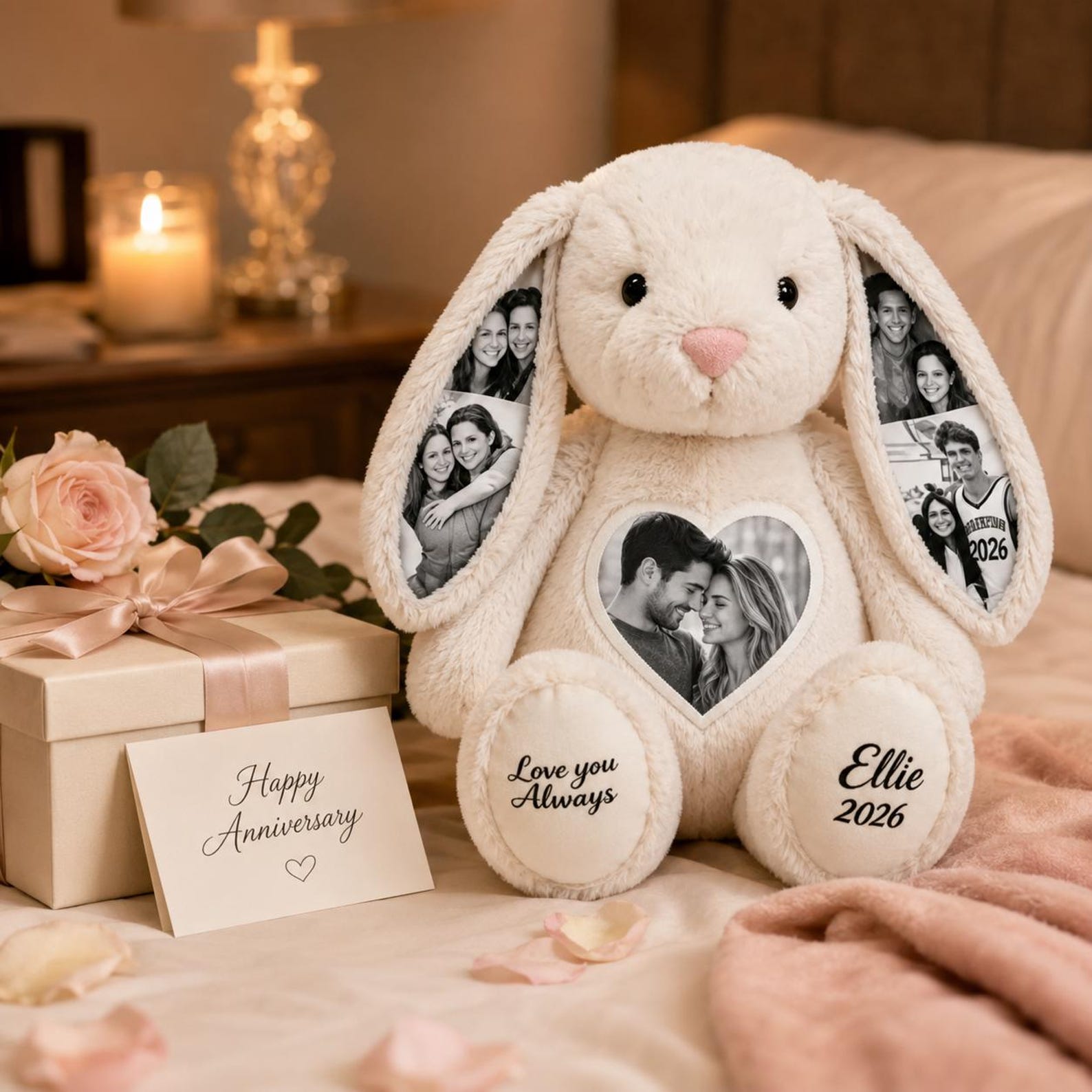 Personalized Photo Bunny Plush  Custom Hidden Ear Stuffed Animal Memory Keepsake Rabbit Gift for Couples Bestie