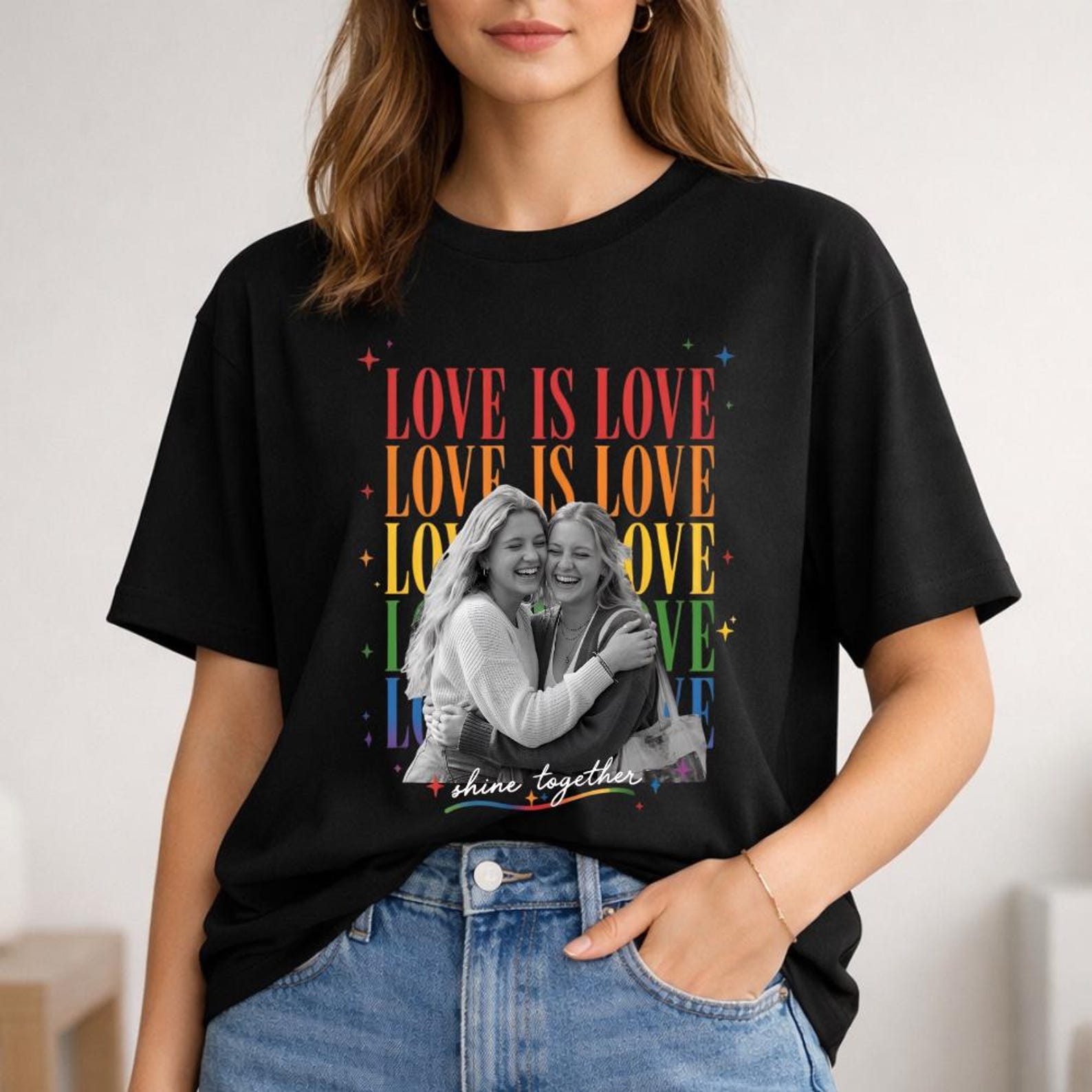Personalized Love Is Love T-shirt with Photo Pride Couple Shirt Custom LGBTQ+ Gift Custom Face Graphic Tee LGBTQ Amsterdam World Pride 25th Anniversary Equality Gift