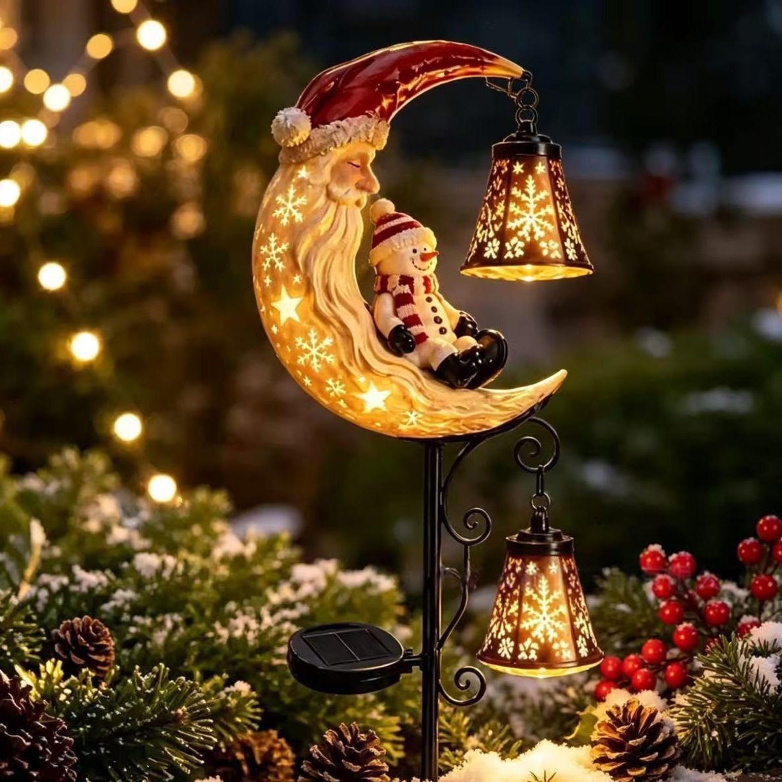 Santa Moon Solar Christmas Garden Stake Light Snowman Hanging Lantern Lamp Warm Outdoor Yard Lawn Holiday Decor Christmas Gardener Gift