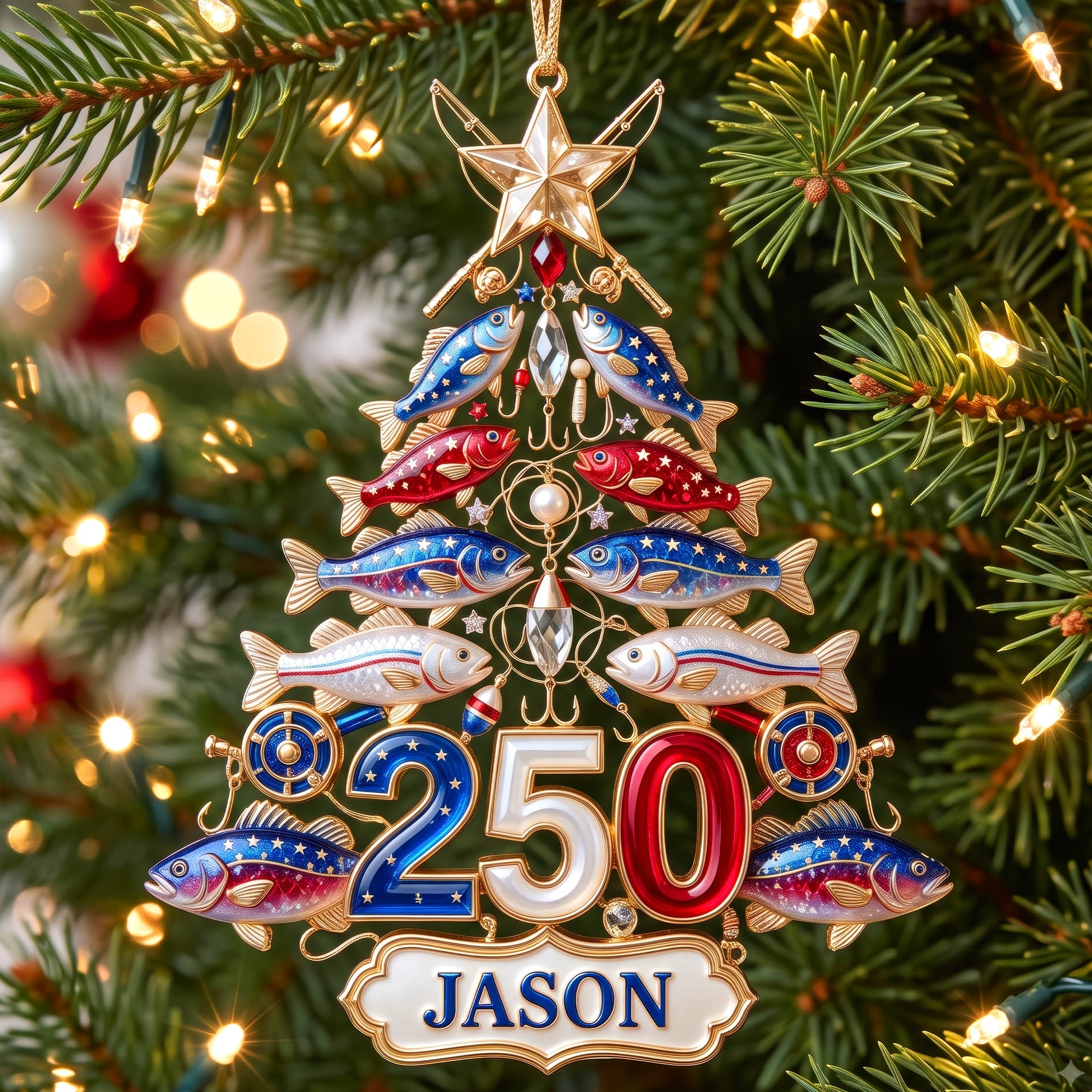 Personalized Fishing 250th USA Anniversary Ornament - Personalized Gifts For Christmas