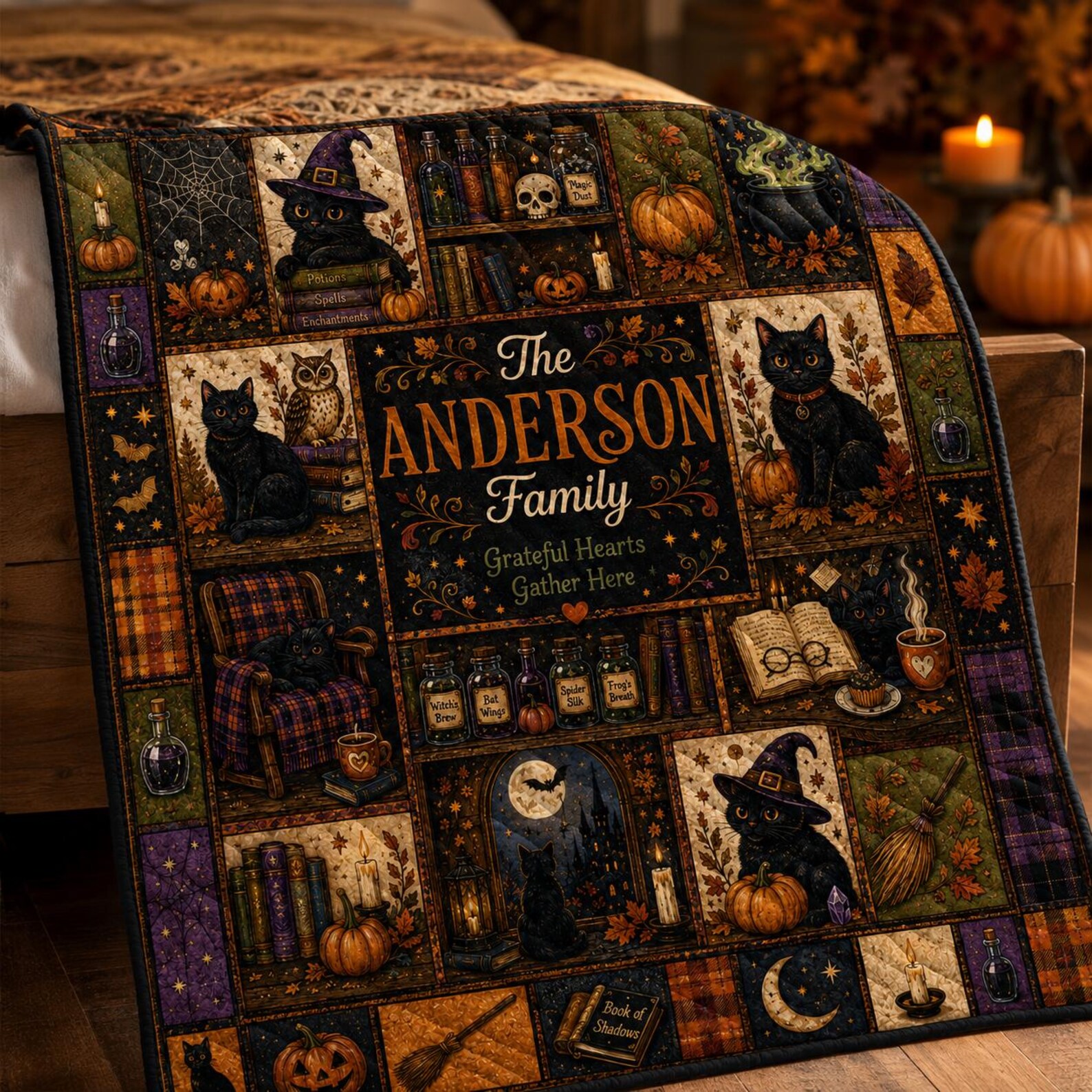 Personalized Halloween Quilt Blanket, Custom Family Name Black Cat Witch Throw, Pumpkin Gothic Patchwork, Spooky Autumn Gift
