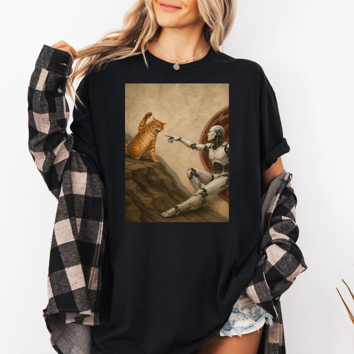 Funny Anti AI Cat TShirt Cat Famous Painting Meme Tee Cat Lover Shirt Gen Z Joke Shirt Stupid Brainrot Gift Conspiracy Theory Gen Z Fashion