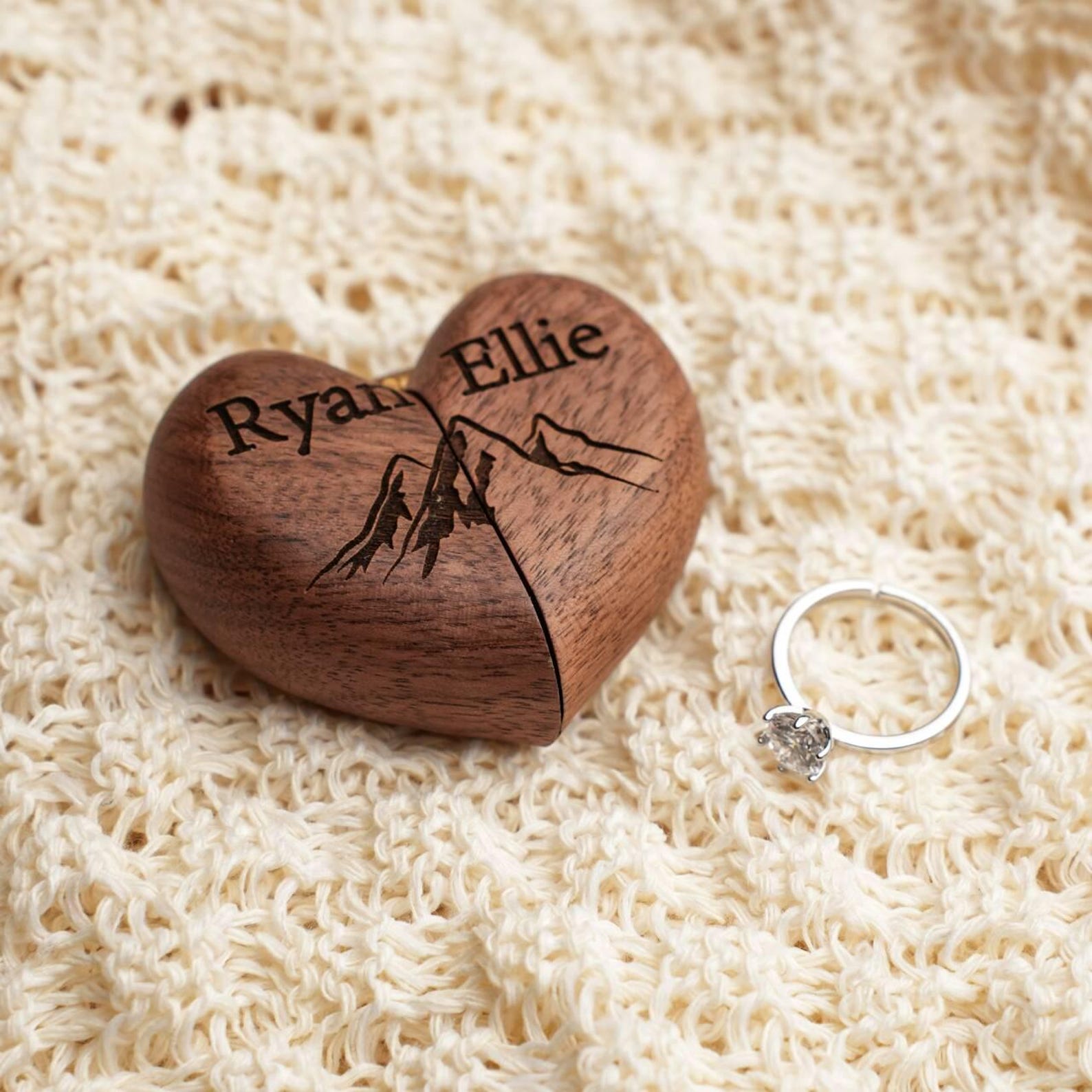 Personalized Custom Heart Shaped Wooden Ring Box, Personalized Walnut Ring Holder, Engagement & Wedding Ring Box, Anniversary Gift