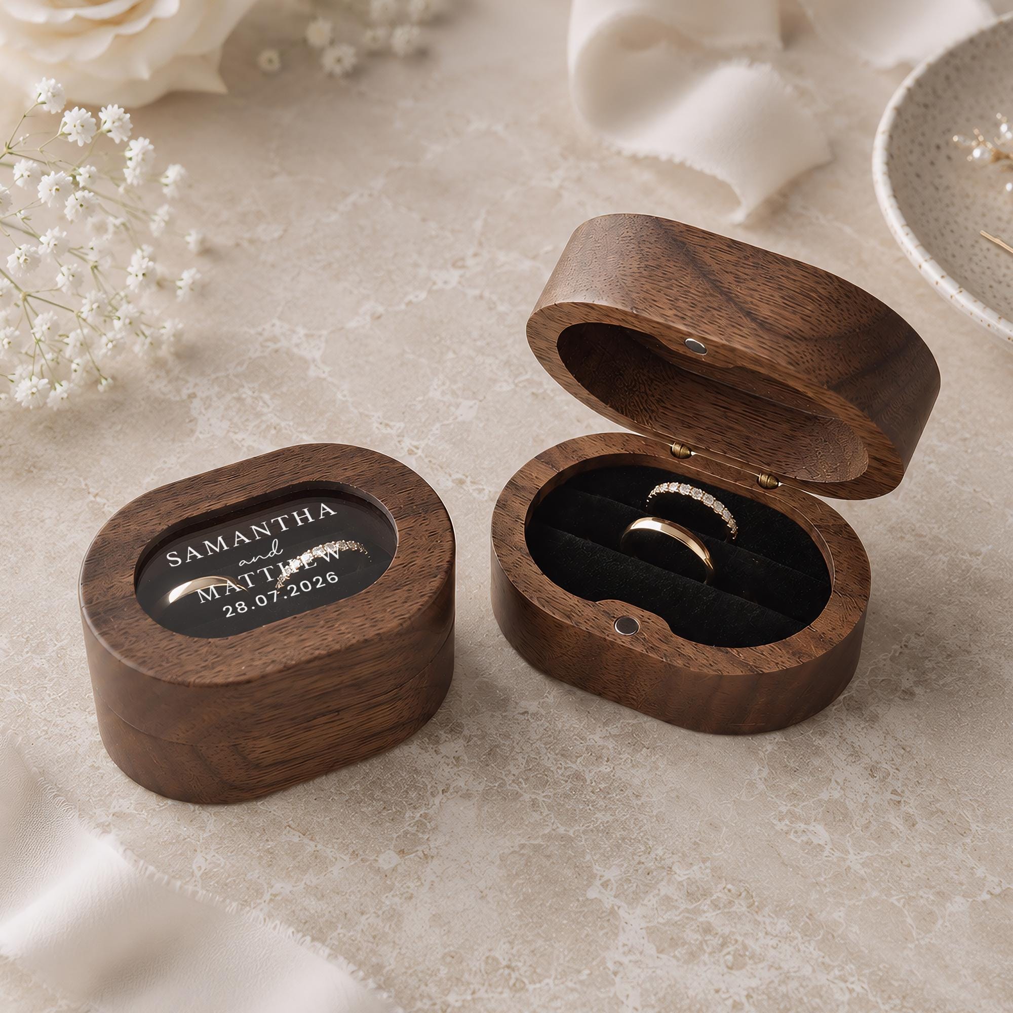 Personalised Walnut Wedding Ring Box, Oval Ring Bearer Box, Engagement Box, Proposal Ring Holder Keepsake