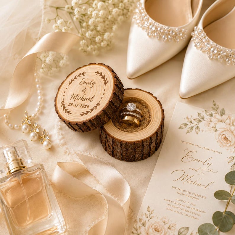 [Copy]Personalised Tree Stump Ring Box, Rustic Wedding Engagement Holder, Personalized Wooden Proposal Box,Golden Silver Wedding Anniversary Tree Trunk