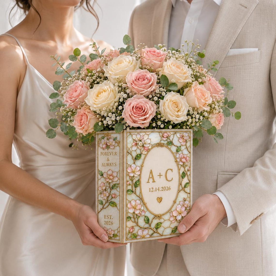 Personalized Floral Book Shaped Vase Personalized Couple Initials Vase Wedding Centerpiece Gift, Anniversary Keepsake Decor