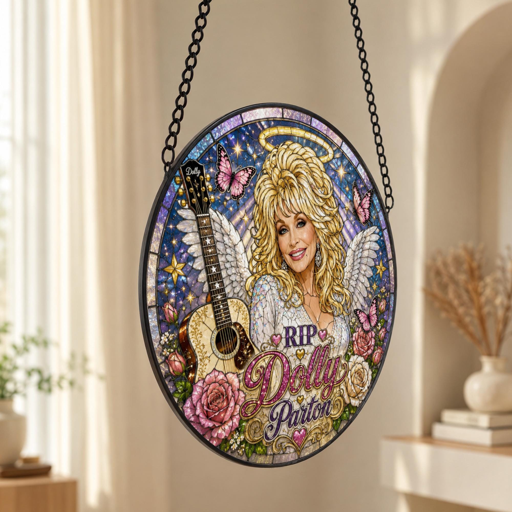 Memorial Dolly Parton 1946-2026 Stained Glass Suncatcher, In a World Full of Jolenes Be a Dolly, Country Music Tribute Window Decor