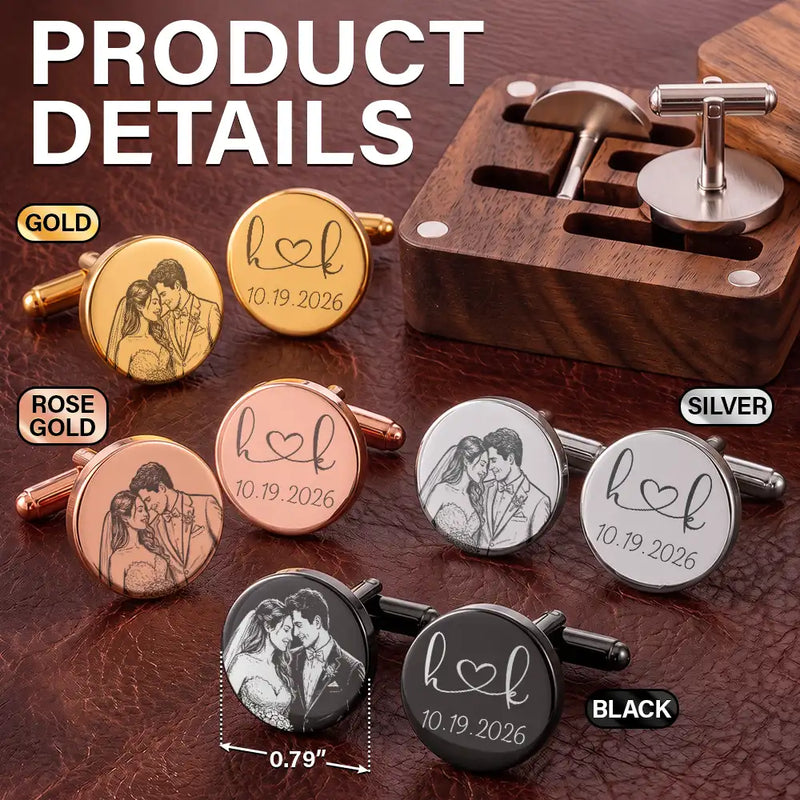 Personalized Photo Bold Sketch Romantic Couple Portrait - Personalized Circular Cufflinks